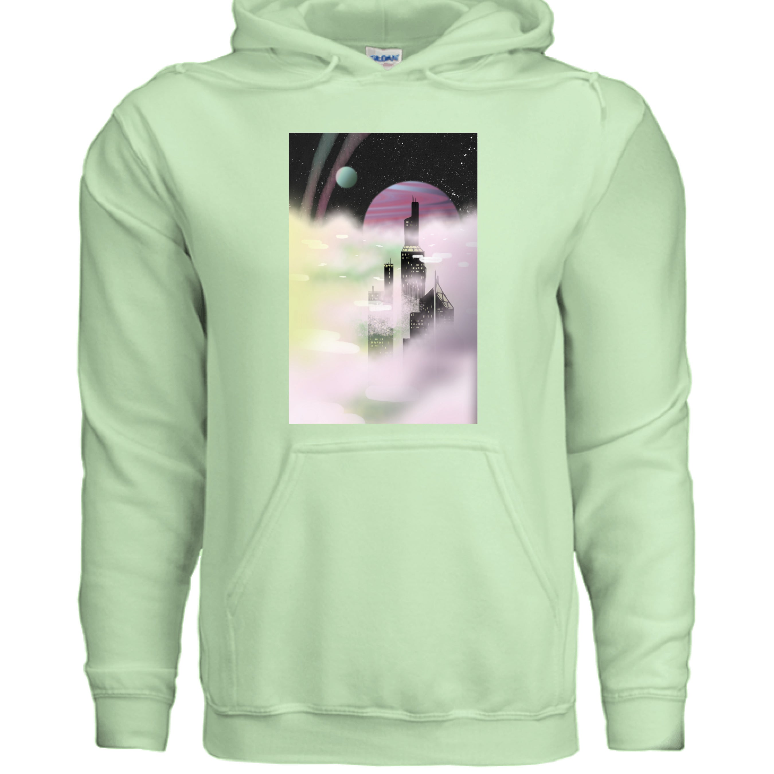 Close-up of the grey cotton-blend fabric detail and textured stitching on the lower hem of the Stratosphere Hoodie front