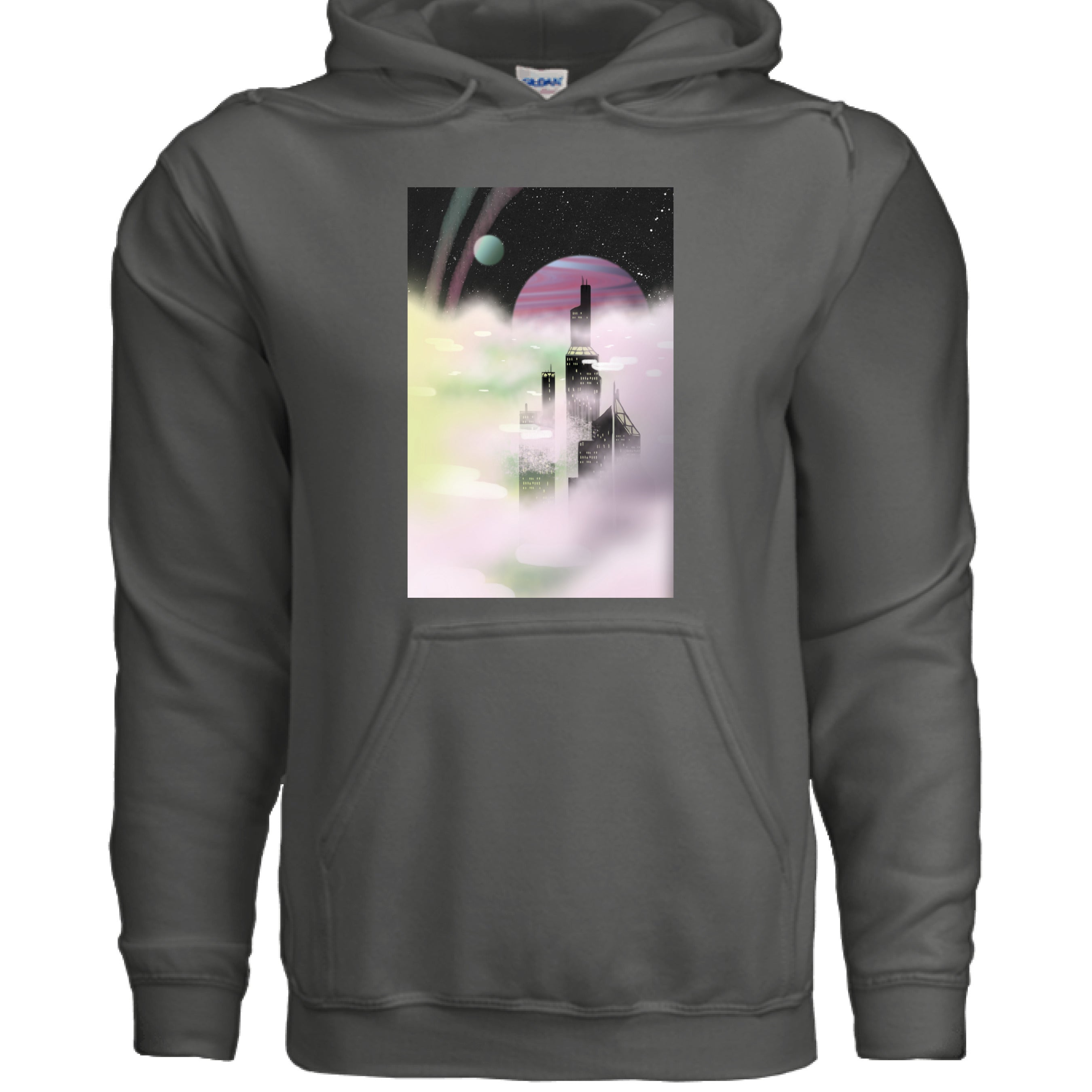 Close-up of the charcoal gray hoodie fabric showing soft fleece texture and reinforced stitching along the shoulder seam.