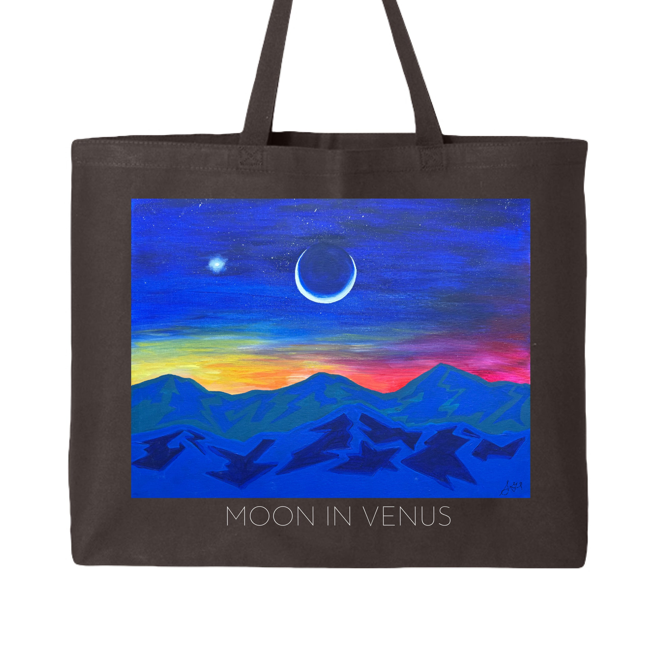 Close-up of the Moon In Venus jumbo tote's vibrant purple interior fabric and reinforced yellow handle stitching from the