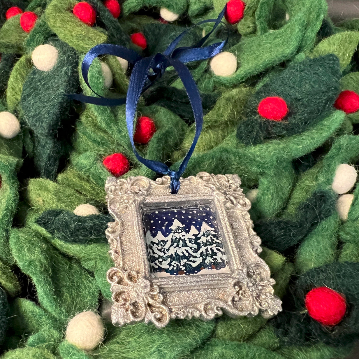 CFD Snow Laden Trees Square Ornament with detailed hand-painted pine branches and frosted snow textures, assembled by The