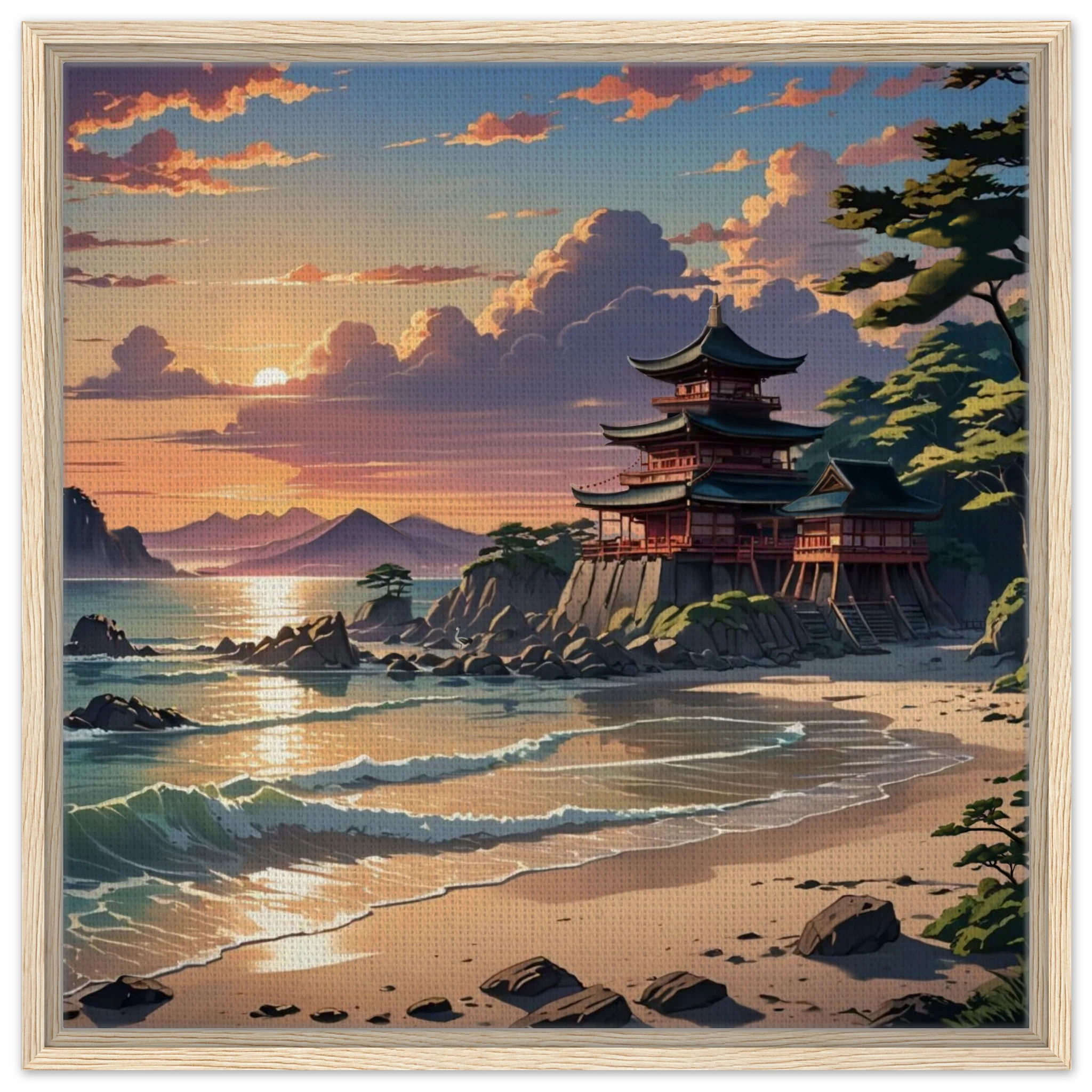 Detail of the textured canvas surface highlighting brushstroke intricacies and vibrant color layering in the "Temple of