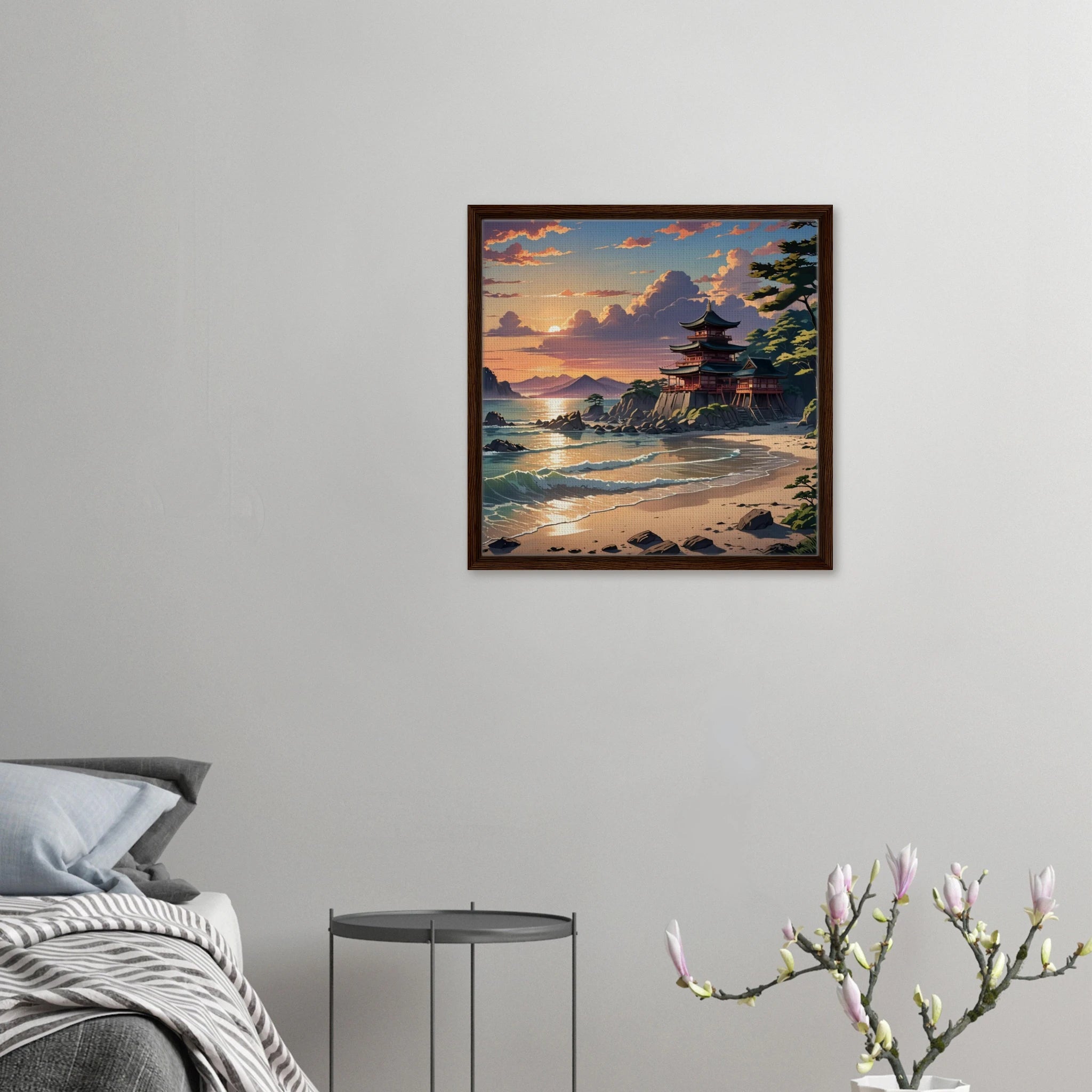 Close-up of the framed canvas edge revealing textured brushstrokes and subtle color layering in the Temple of Peace artwork.