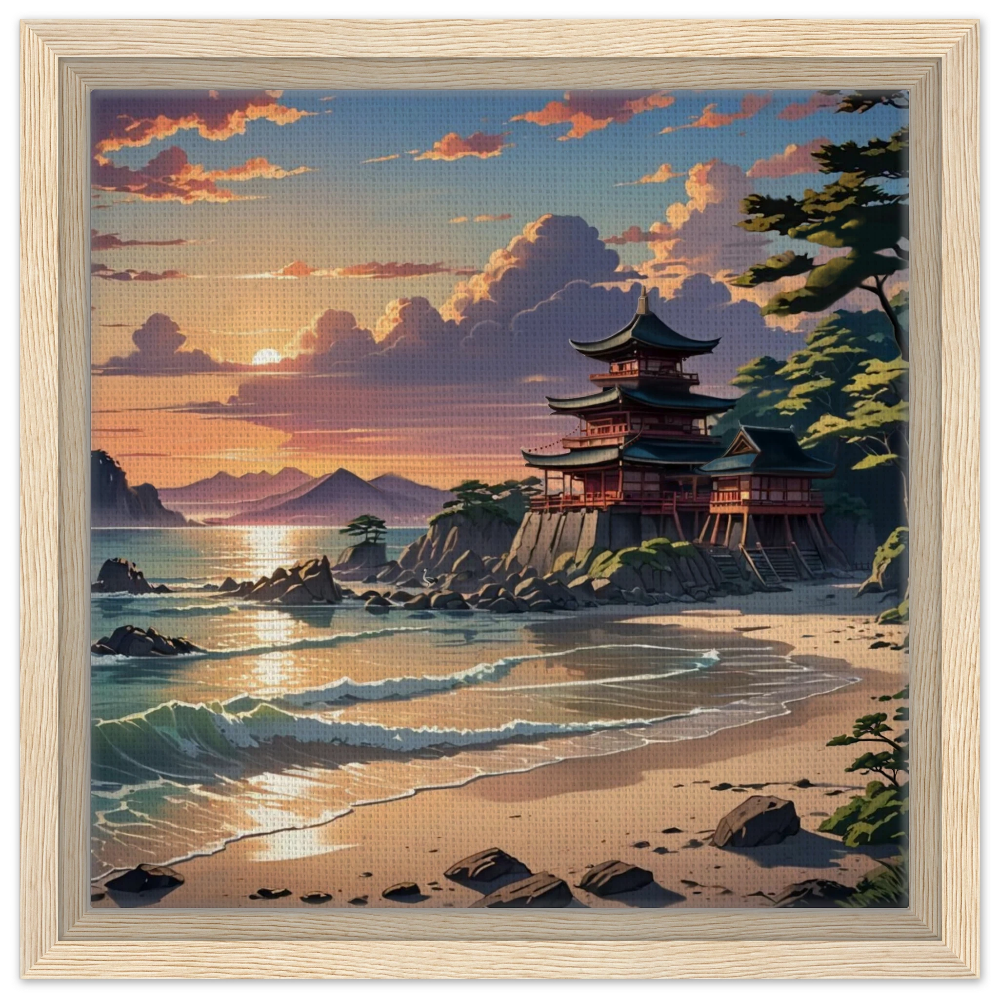 Close-up of the framed canvas edge revealing textured brushstrokes and subtle knot details in the wood frame.