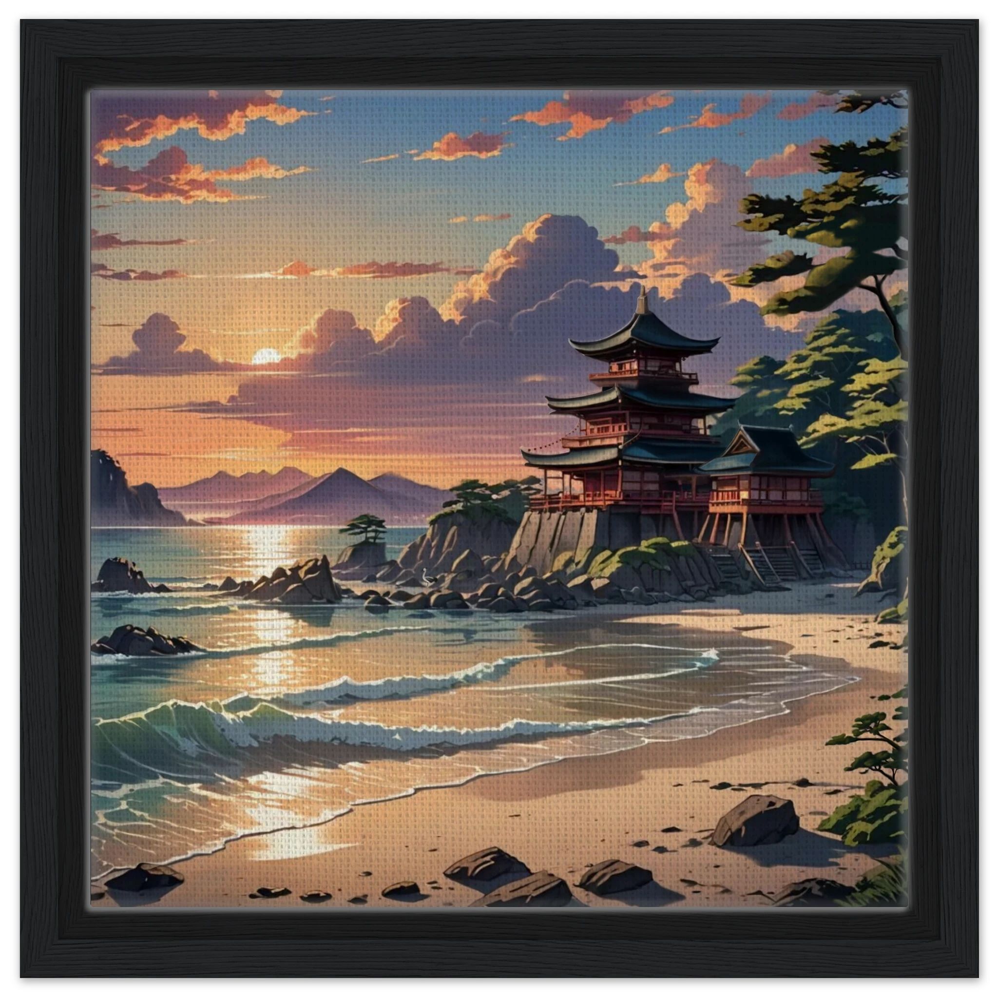 Close-up of the framed canvas's textured surface highlighting brushstrokes and vibrant color accents in the temple scene.