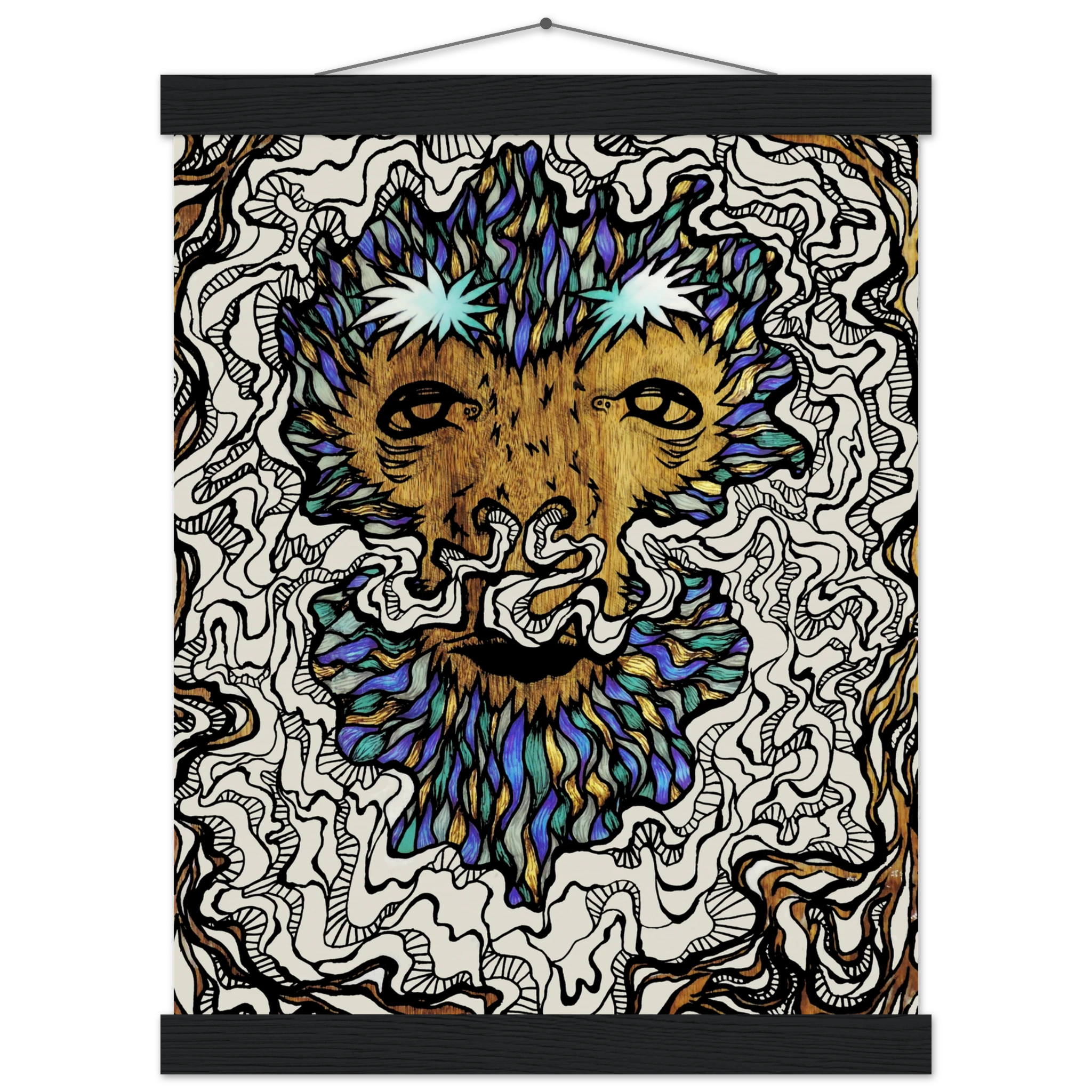 Close-up of the magnetic wooden hanger’s textured surface and engraved branding detail at the top edge.