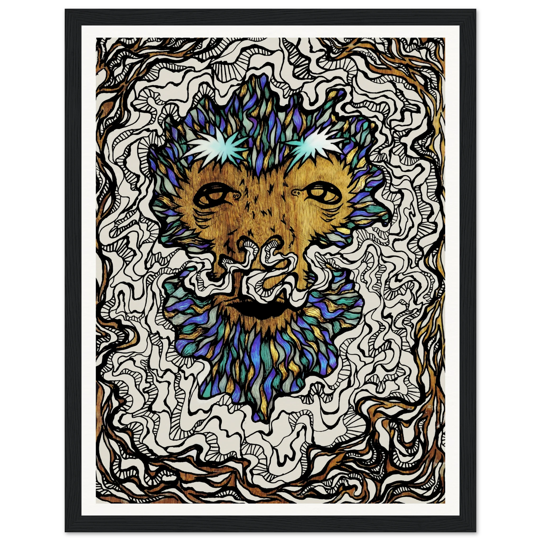 Close-up of the distressed wood grain framing and subtle bevel detail surrounding the Winter Beast poster's vivid