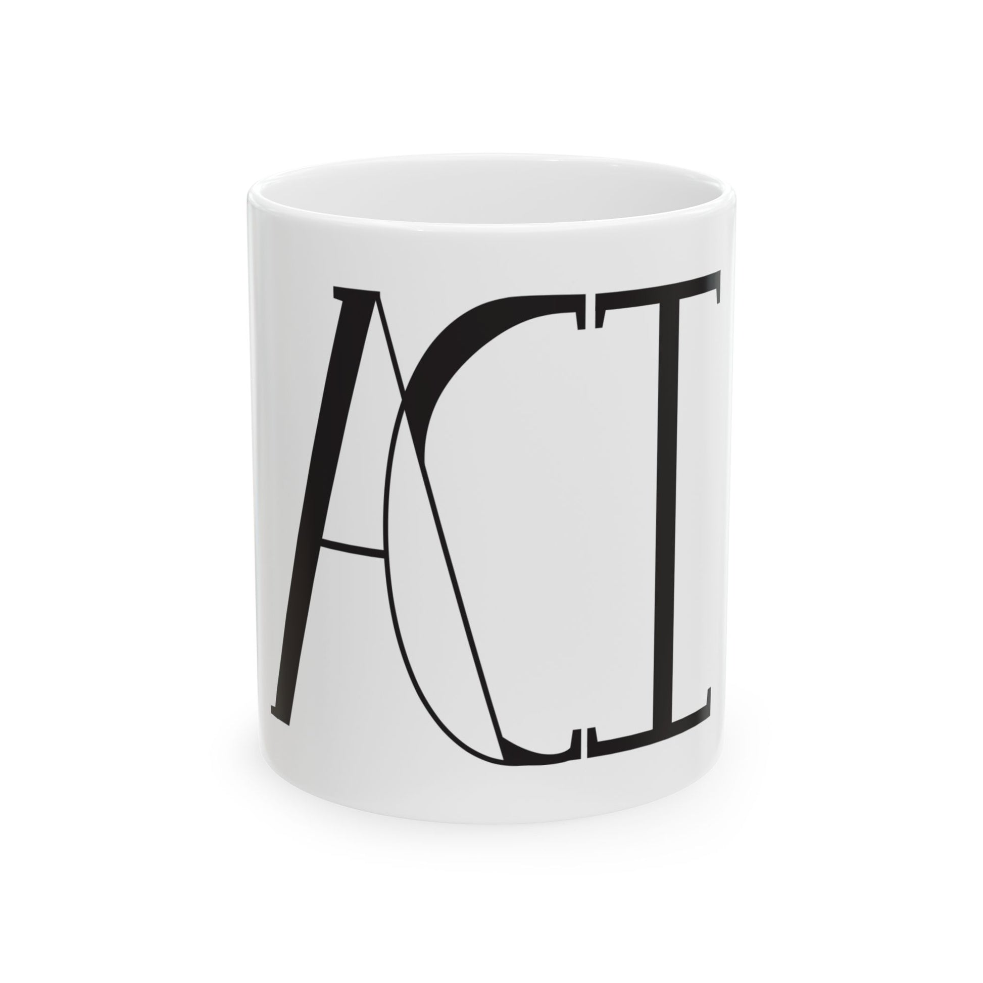 This is the 11 oz ACI Mug and is showing the front. There is the large ACI logo printed and covers the front from top to bottom. The mug is white whereas all the print is black and white. The bottom of the mug is not curved.