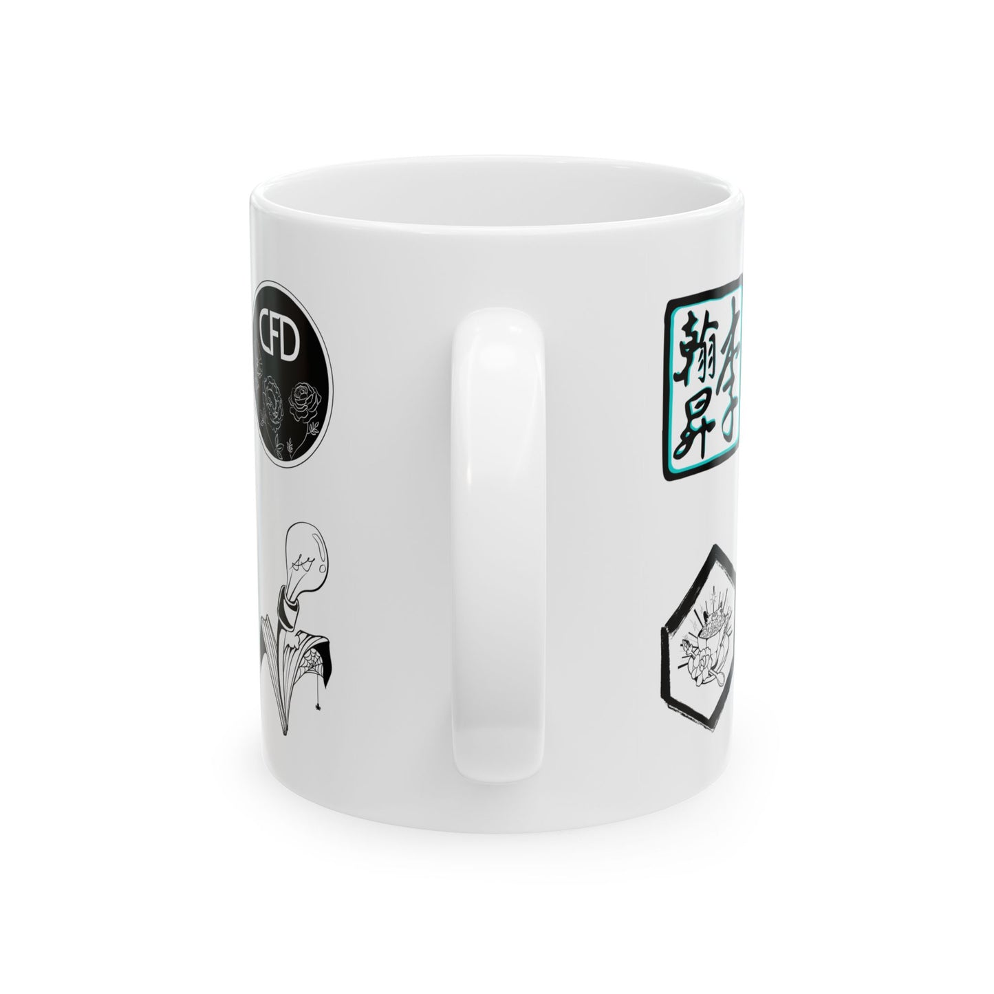 This is the 11 oz ACI Mug and is showing the side with the handle facing front. From the left of the handle there are the Chris Foster Design and Storm Garden Studio logos pasted one right below the other. On the right side of the handle the Lee Hansheng Studios and Tidy Tea Witch logos are shown one right below the other. The Lee Hansheng logo is outlined in blue. The mug is white whereas all the print is black and white. The bottom of the mug is not curved.