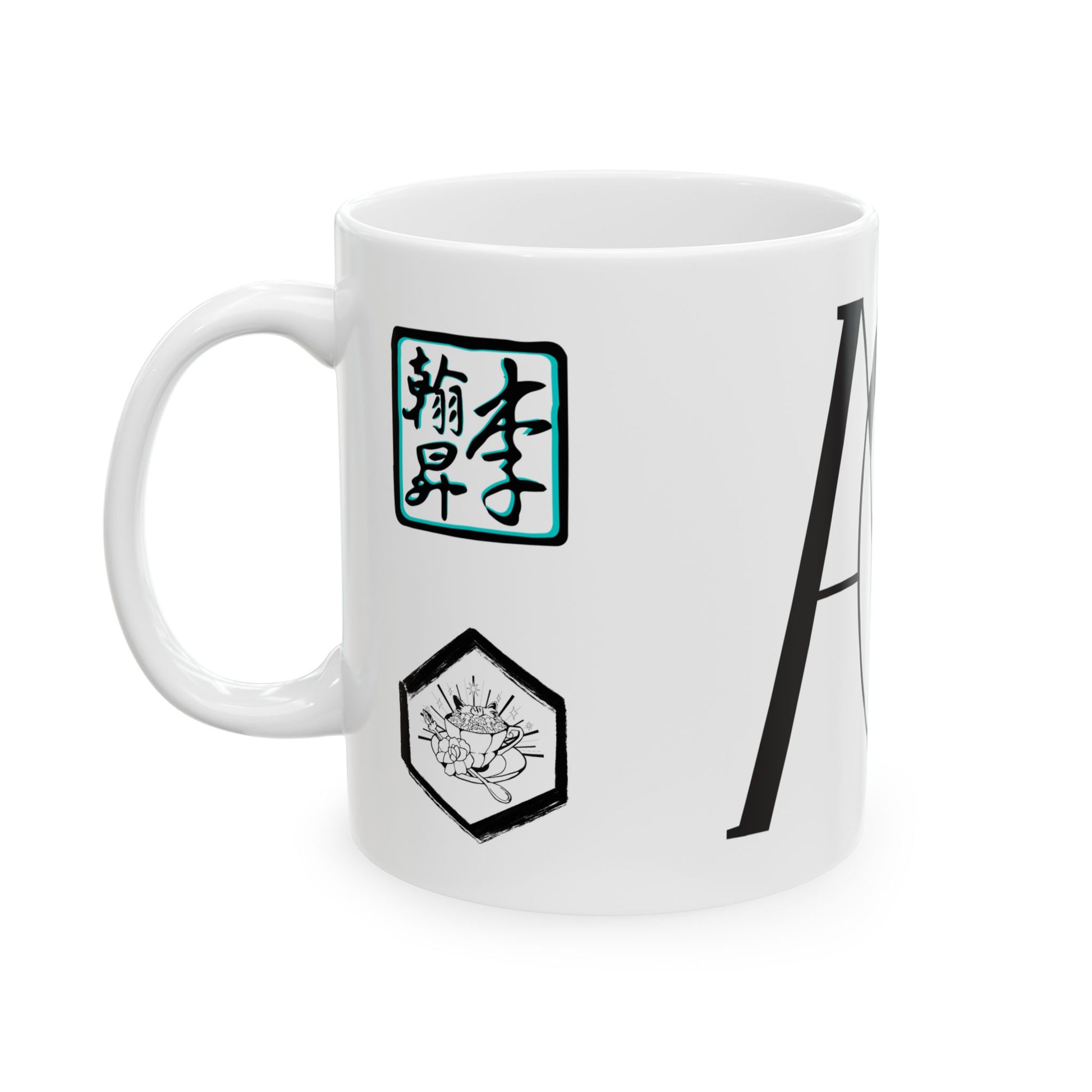 This is the 11 oz ACI Mug and is showing the left side. From the handle there are the Lee Hansheng Studios and Tidy Tea Witch logos pasted one right below the other. The Lee Hansheng Studios logo is outlined in blue. There is the large ACI logo printed however only the "I" is visible. The mug is white whereas all the print is black and white. The bottom of the mug is not curved at all.