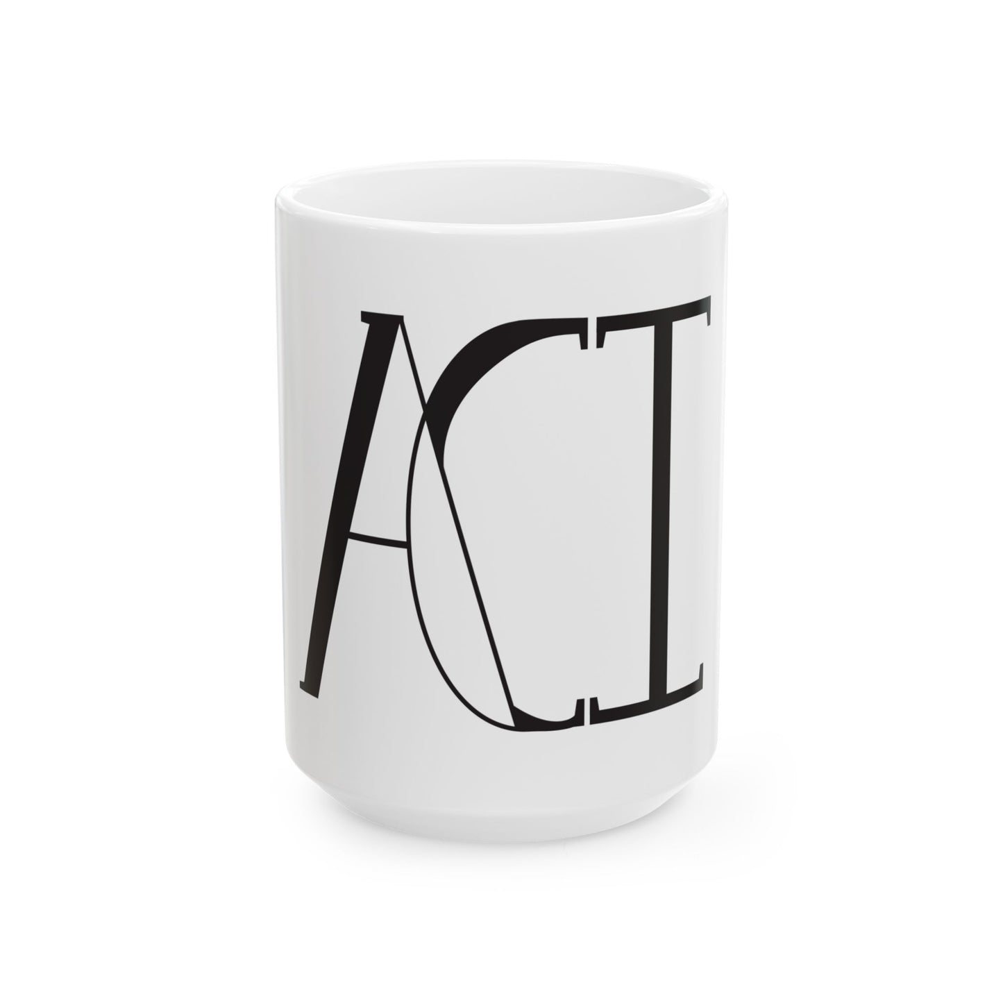 This is the 15 oz ACI Mug and is showing the front. There is the large ACI logo printed and covers the front from top to bottom. The mug is white whereas all the print is black and white. The bottom of the mug is curved a little inward.