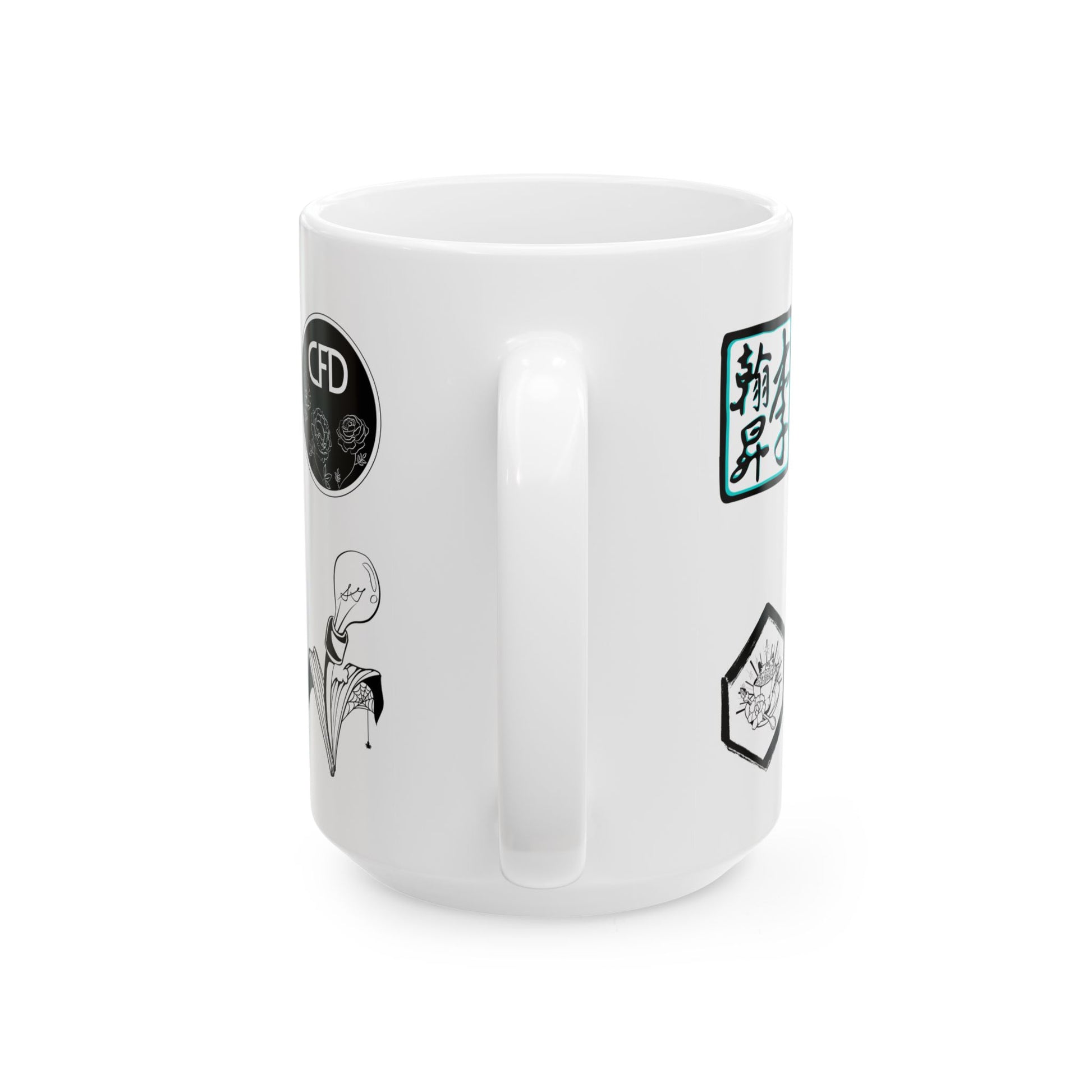 This is the 15 oz ACI Mug and is showing the side with the handle facing front. From the left of the handle there are the Chris Foster Design and Storm Garden Studio logos pasted one right below the other. On the right side of the handle the Lee Hansheng Studios and Tidy Tea Witch logos are shown one right below the other. The Lee Hansheng logo is outlined in blue. The mug is white whereas all the print is black and white. The bottom of the mug is curved a little inward.