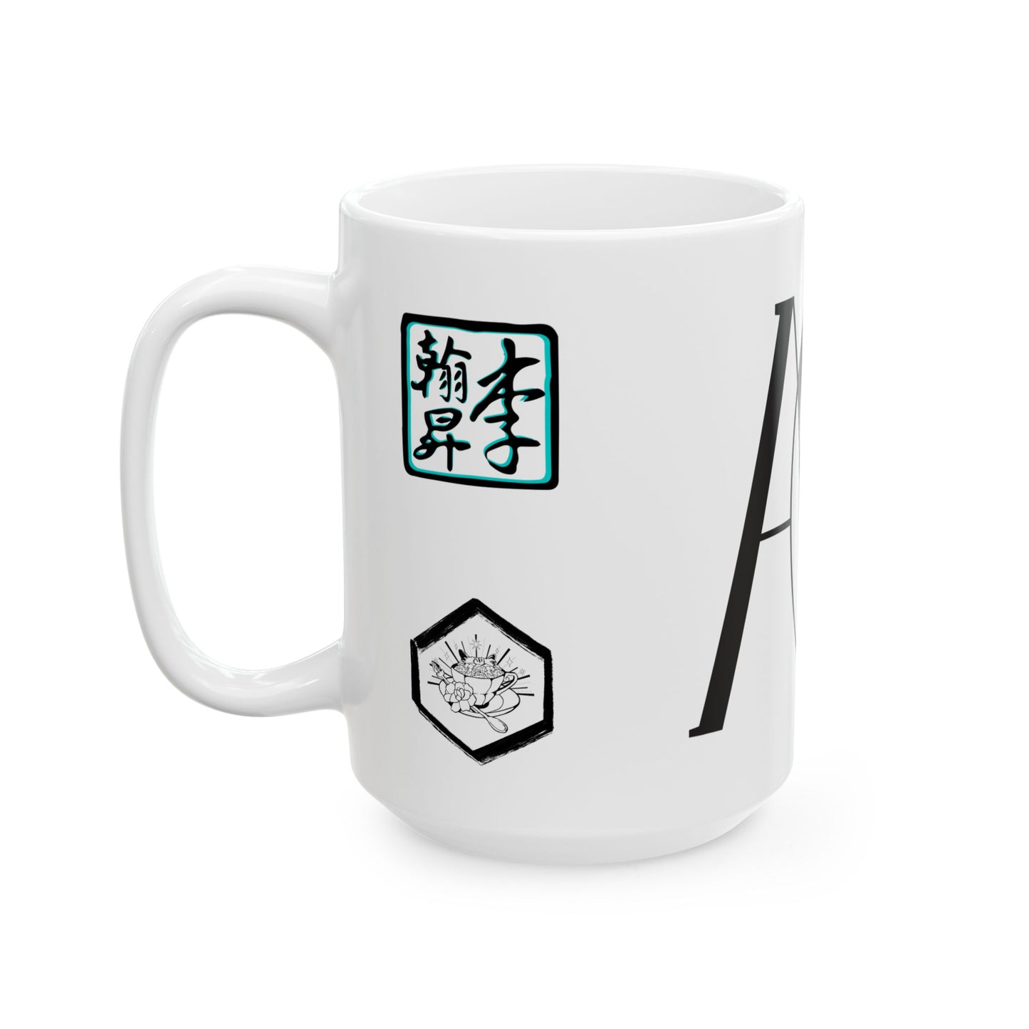 This is the 15 oz ACI Mug and is showing the left side. From the handle there are the Lee Hansheng Studios and Tidy Tea Witch logos pasted one right below the other. The Lee Hansheng Studios logo is outlined in blue. There is the large ACI logo printed however only the "A" is visible. The mug is white whereas all the print is black and white. The mug is white whereas all the print is black and white. The bottom of the mug is curved a little inward.