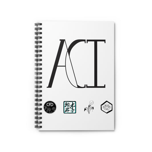 This is the ACI Spiral Notebook showcasing the front. There is metal black binding and the cover is white. The large ACI logo covers most of the front and right below are the four studios' logos. 