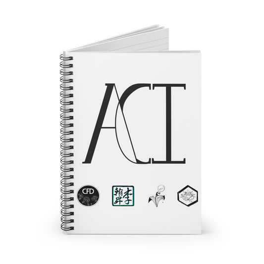 This is the ACI Spiral Notebook showcasing the front in an upright position and open slightly. You can see the ruled line pages on the inside. There is metal black binding and the cover is white. The large ACI logo covers most of the front and right below are the four studios' logos. 