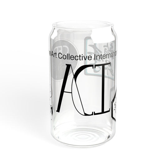 This is the ACI Sipper with no lid or straw. This shows the front side of the clear glass and features the ACI logo and "The Art Collective International" surrounds the glass. The Chris Foster Design and Lee Hansheng Studios are seen on the other side of the glass.