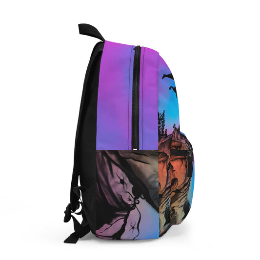 This is the all around print Into the Abyss Backpack by Lee Hansheng Studios. This shows the left side of the backpack where the large zipper connects to the back and shoulder straps. The illustration is underwater seascape with aquatic plants on a marbled background. It shows the underwater land in black with purple and blue mixed colors. 