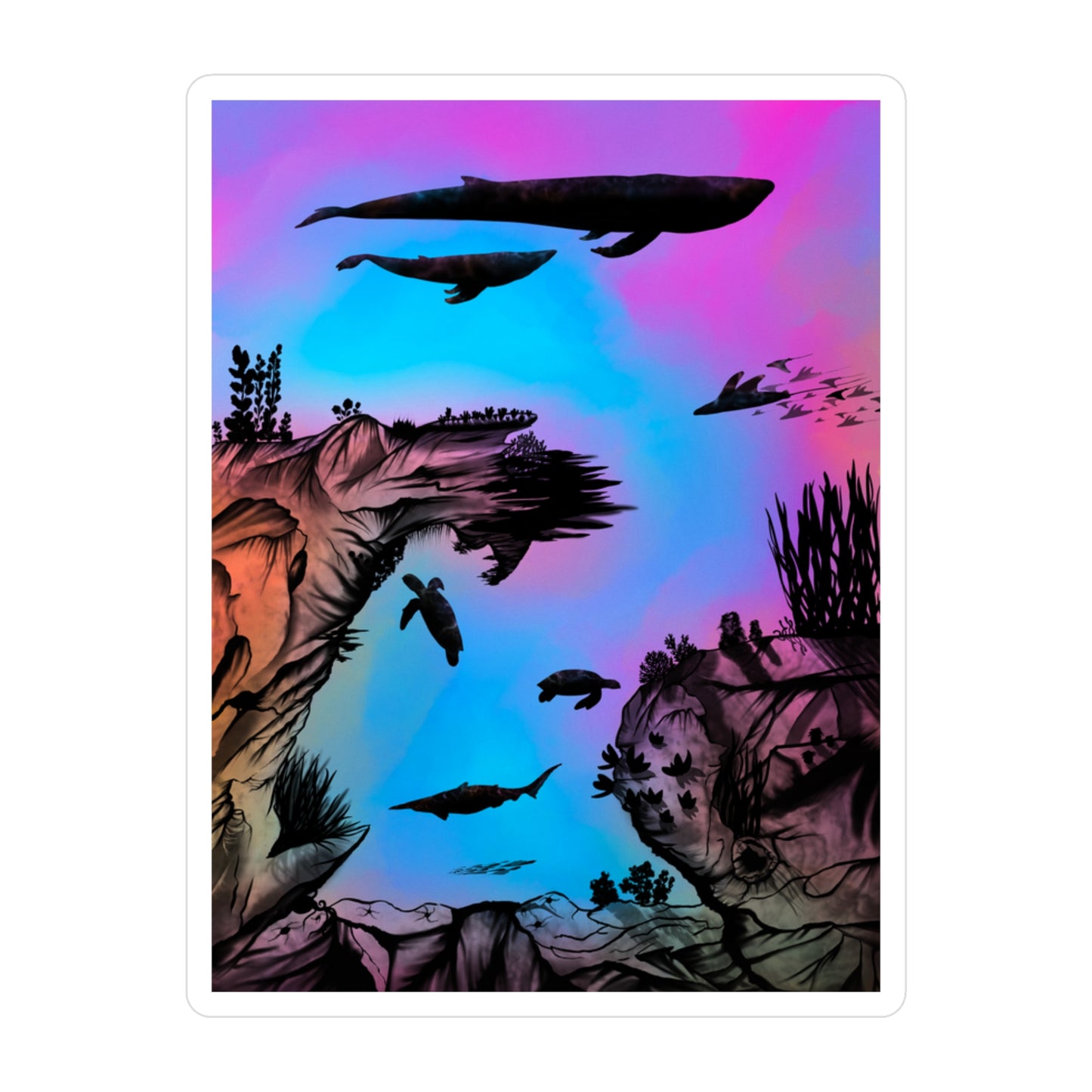 A 3" x 4" kiss-cut vinyl decal underwater seascape with aquatic plants on a marbled background. There are two blue whales, 1 goblin shark, school of eagle rays, two sea turtles and a school of fish.