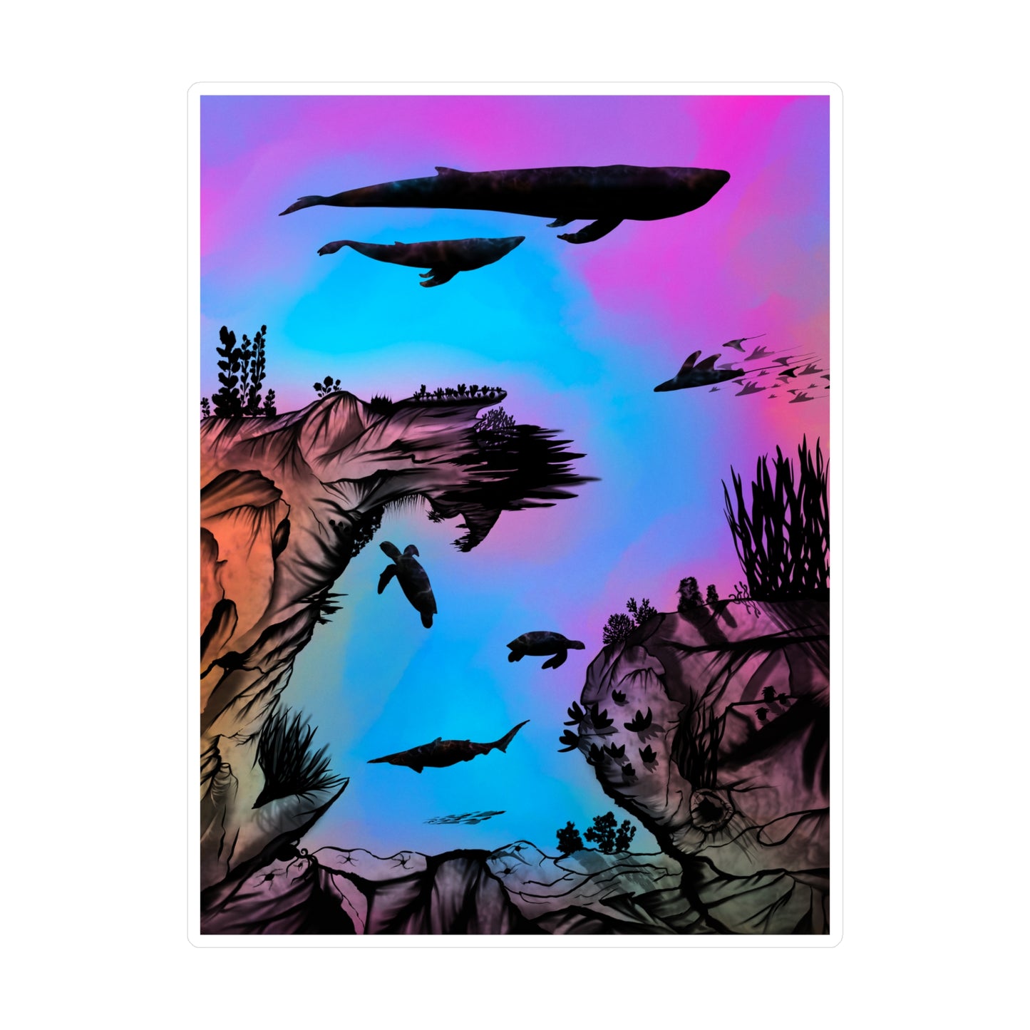 A 6" x 8" kiss-cut vinyl decal underwater seascape with aquatic plants on a marbled background. There are two blue whales, 1 goblin shark, school of eagle rays, two sea turtles and a school of fish.