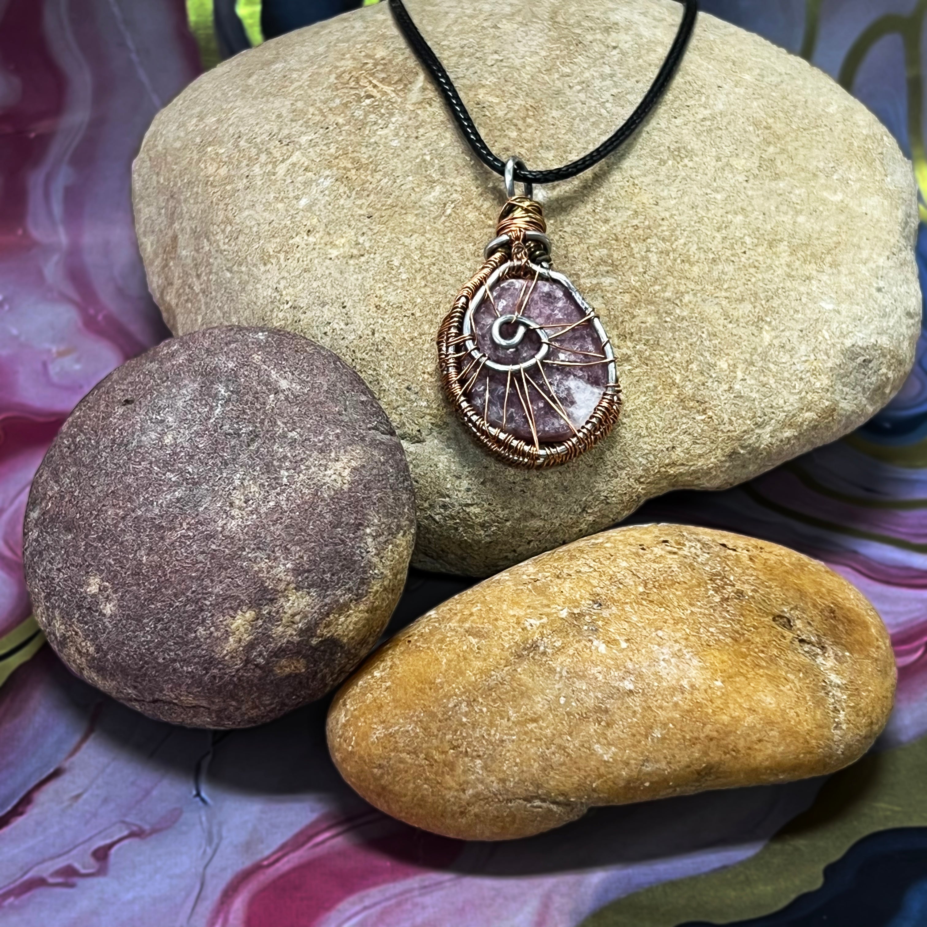 SGS Tear Drop Wire Wrapped Purple Lepidolite Necklace by Storm Garden Studio, hand-crafted jewelry with polished purple