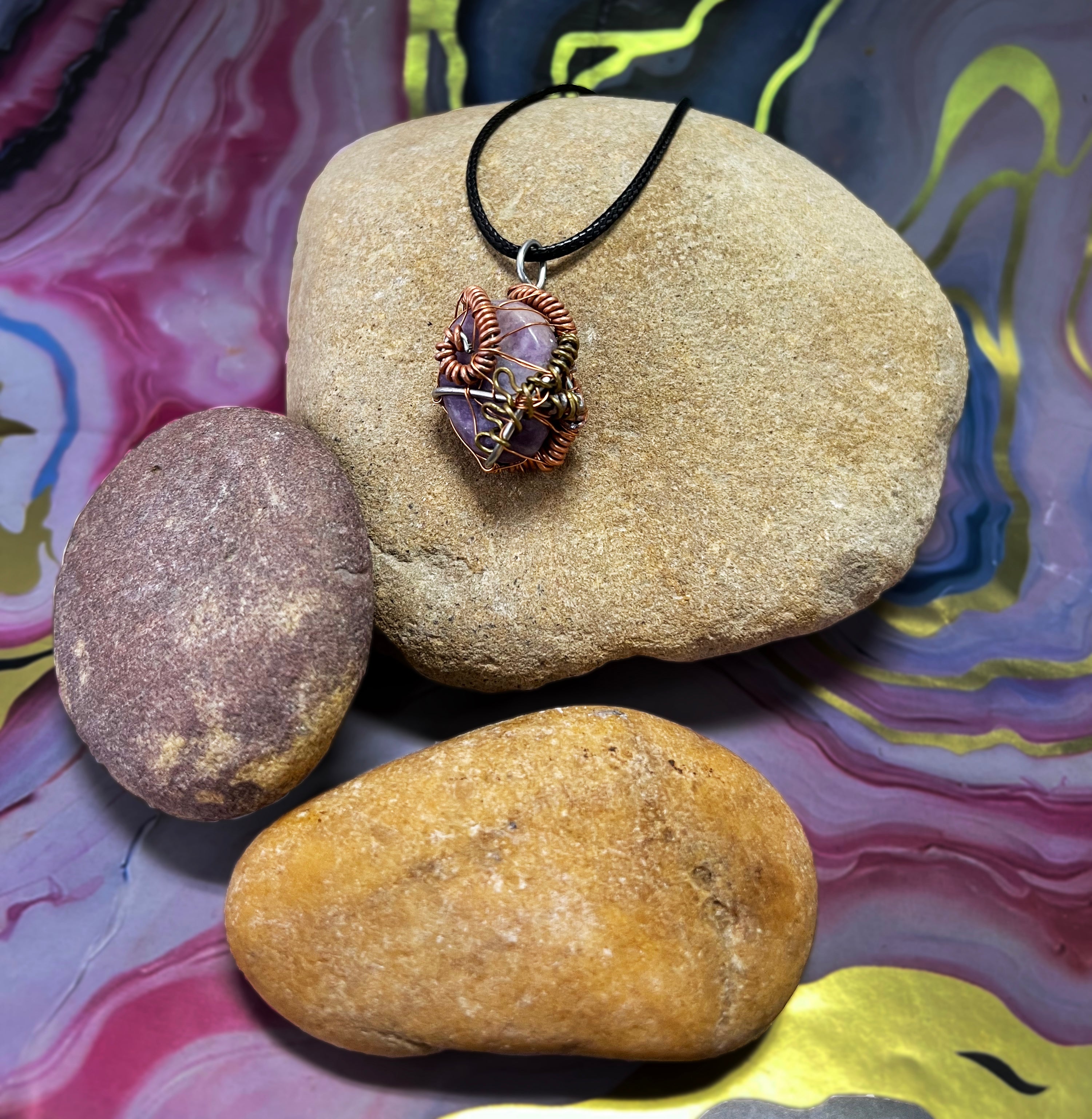 SGS Wire Wrap Organic Shaped Purple Lepidolite Necklace from The Art Collective International, hand-crafted jewelry with