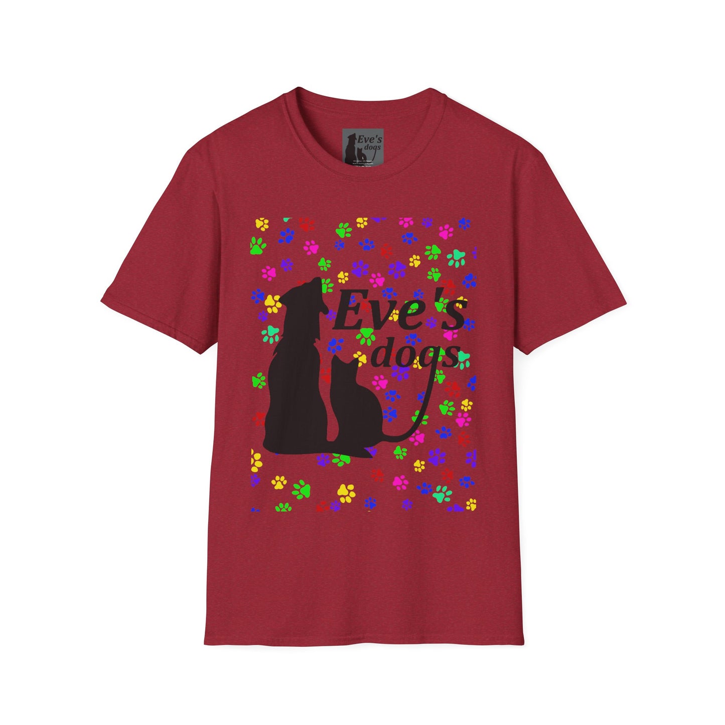 This is the Antique Cherry Red Adopt Eve's Dogs T-Shirt. It comes in XS - 5XL. This is an image of the front of the shirt. The size label is a grey and black tag with a dog and cat with the "Eve's dogs" writing. The front has pink, green, blue, purple, red paw prints in different sizes. Also, the dog and cat with "Eve's dogs" printed in black. The illustration has a clear background so you see the paw prints, animals and the text print on color of shift. The shirt is against a white background.