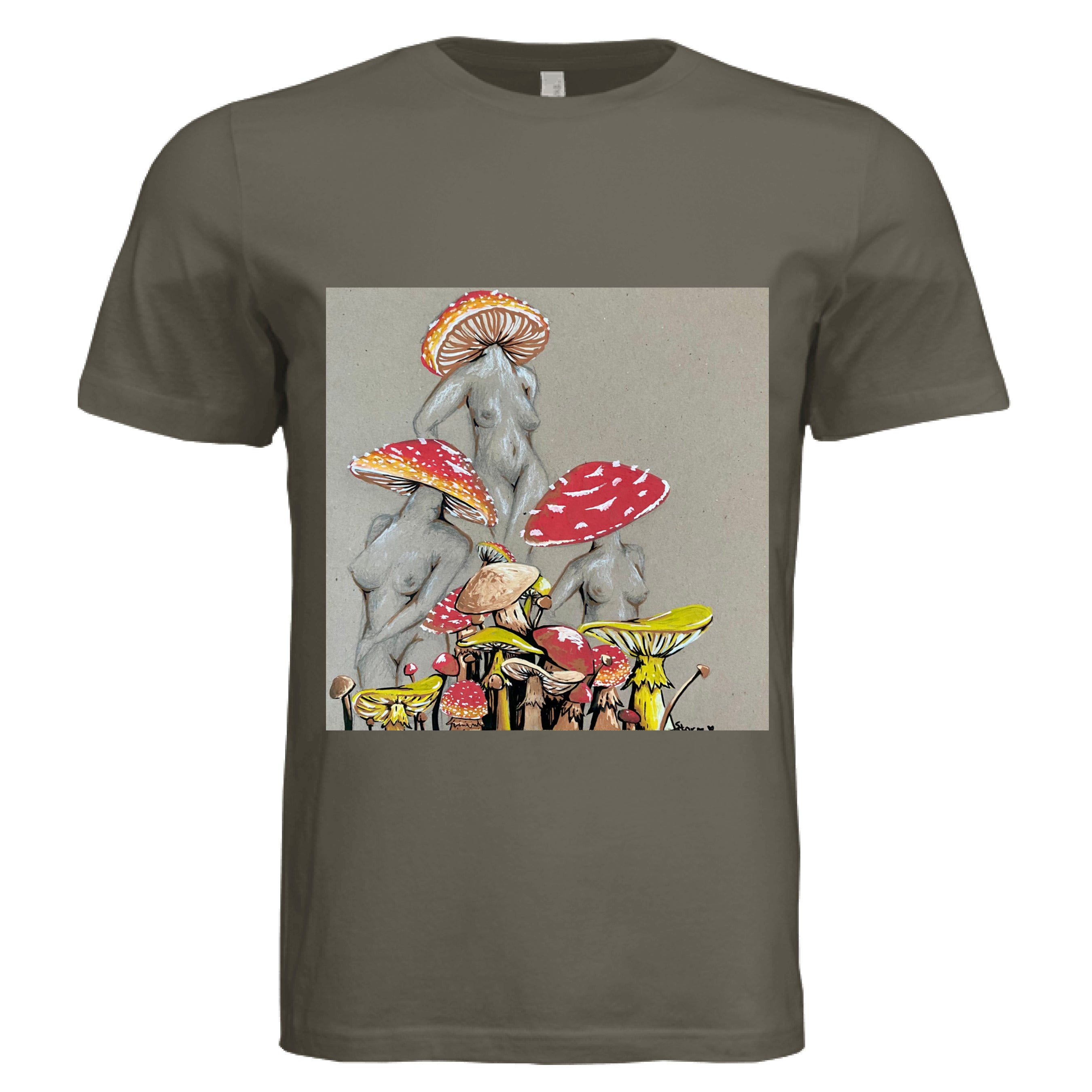 Close-up of the Miss Amanita T-shirt's soft cotton fabric featuring a subtle heather gray pattern and reinforced crew