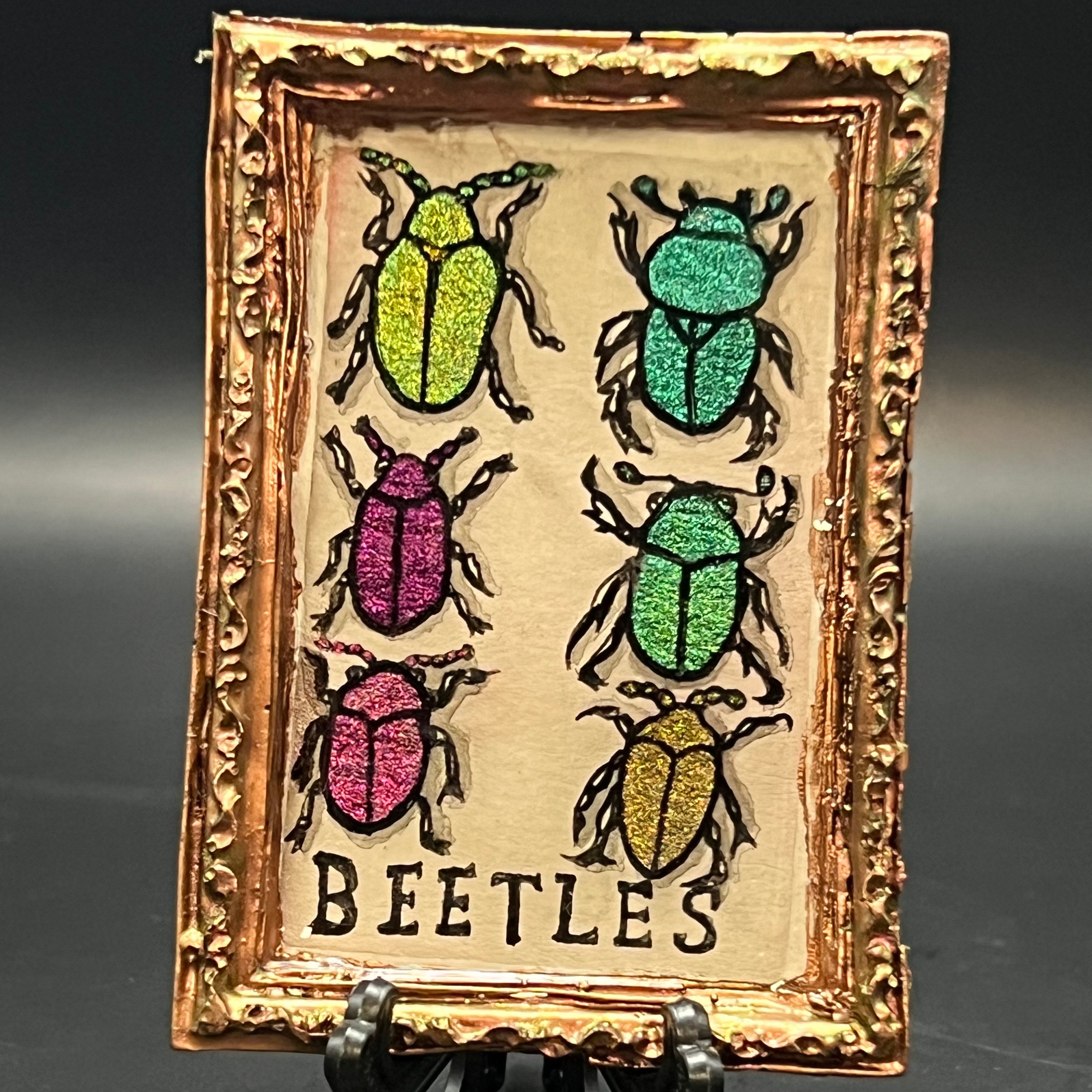 Crystalline beetle fragments, mini painting by Chris Foster, mixed media on canvas, 4x6 inches, framed, edition 2 of 50
