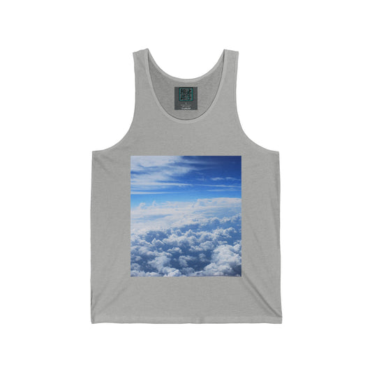 A athletic heather grey tank top with a vibrant print of fluffy clouds and a light blue sky centered on the front. The Lee Hansheng Studios logo is subtly printed inside the collar.Tank is displayed against a white background to focus on the colors and design.