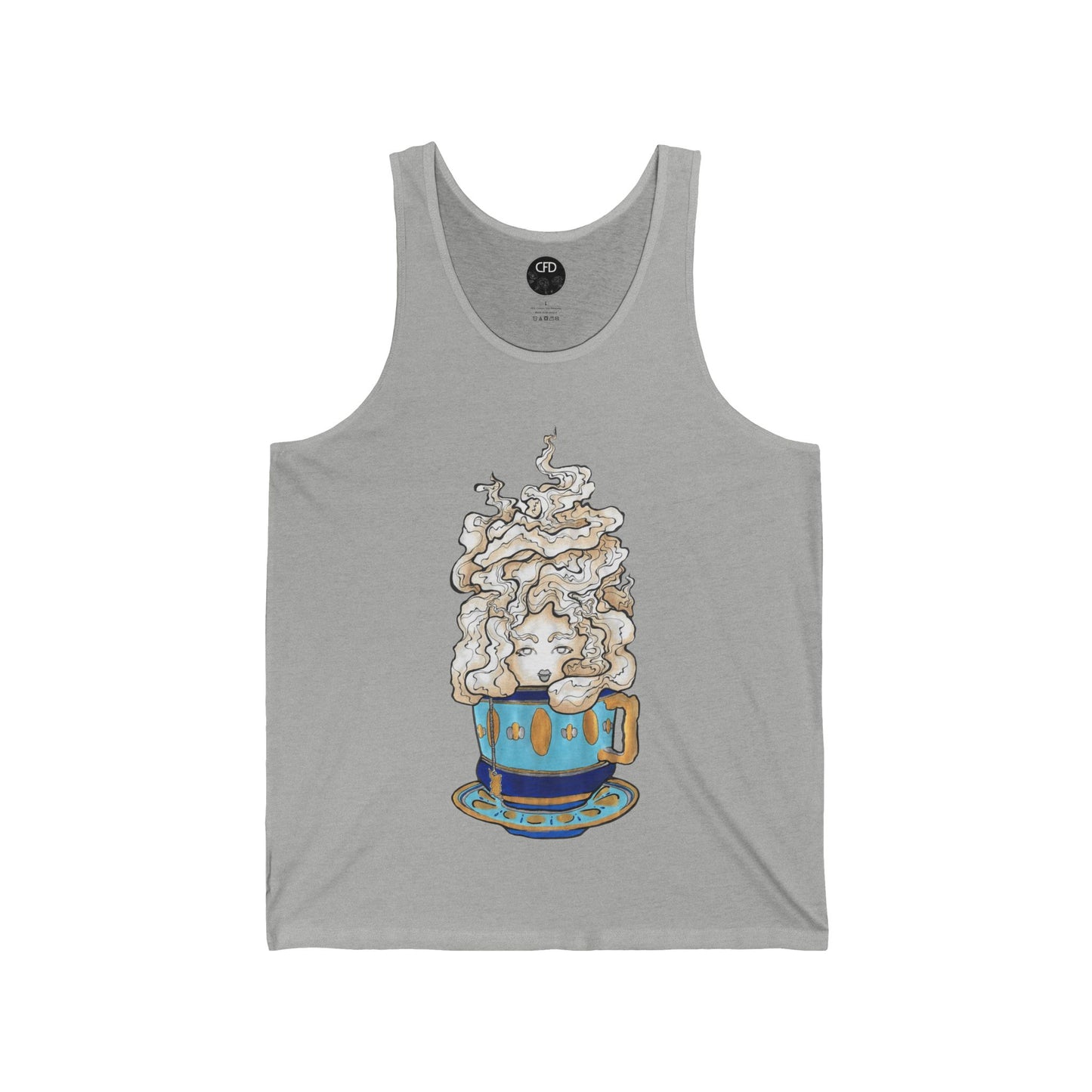 This is the Athletic Heather Earl Grey Tank by Chris Foster Design. This showcases the front of the tank. The illustration is of a gold, light blue and dark blue teacup with a tan, yellow and white steam. The steam is swirly and goes up and outwards. In the middle is a lady's face. The circular studio logo is on the inside of the tank printed in white, the size label is printed in black. It is against a white background.