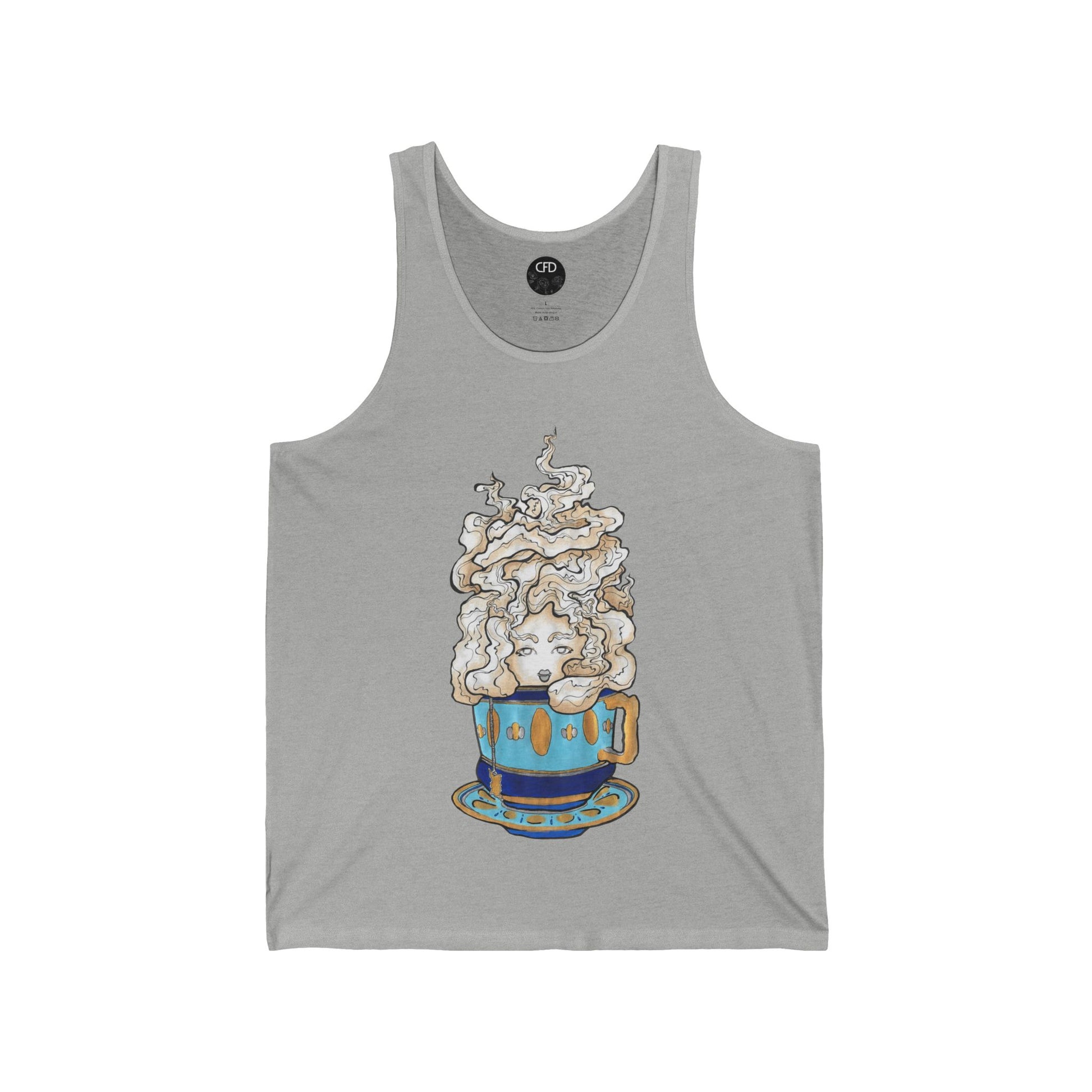 This is the Athletic Heather Earl Grey Tank by Chris Foster Design. This showcases the front of the tank. The illustration is of a gold, light blue and dark blue teacup with a tan, yellow and white steam. The steam is swirly and goes up and outwards. In the middle is a lady's face. The circular studio logo is on the inside of the tank printed in white, the size label is printed in black. It is against a white background.