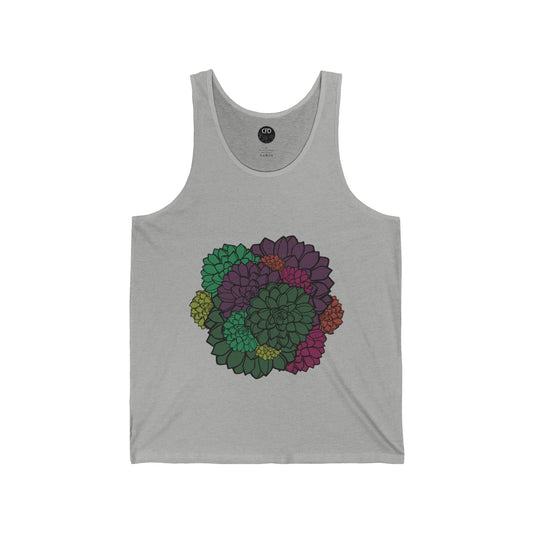This is the Athletic Heather Echeveria In Bloom Tank by Chris Foster Design. This showcases the front of the tank. The illustration is in the middle of the tank where there are 12 echeveria succulents blooming together. The colors are pastel hues of purple, light green, dark green, red and yellow. The inside of the tank has the studio's logo in black, printed in white and the black size label. It is against a white background.