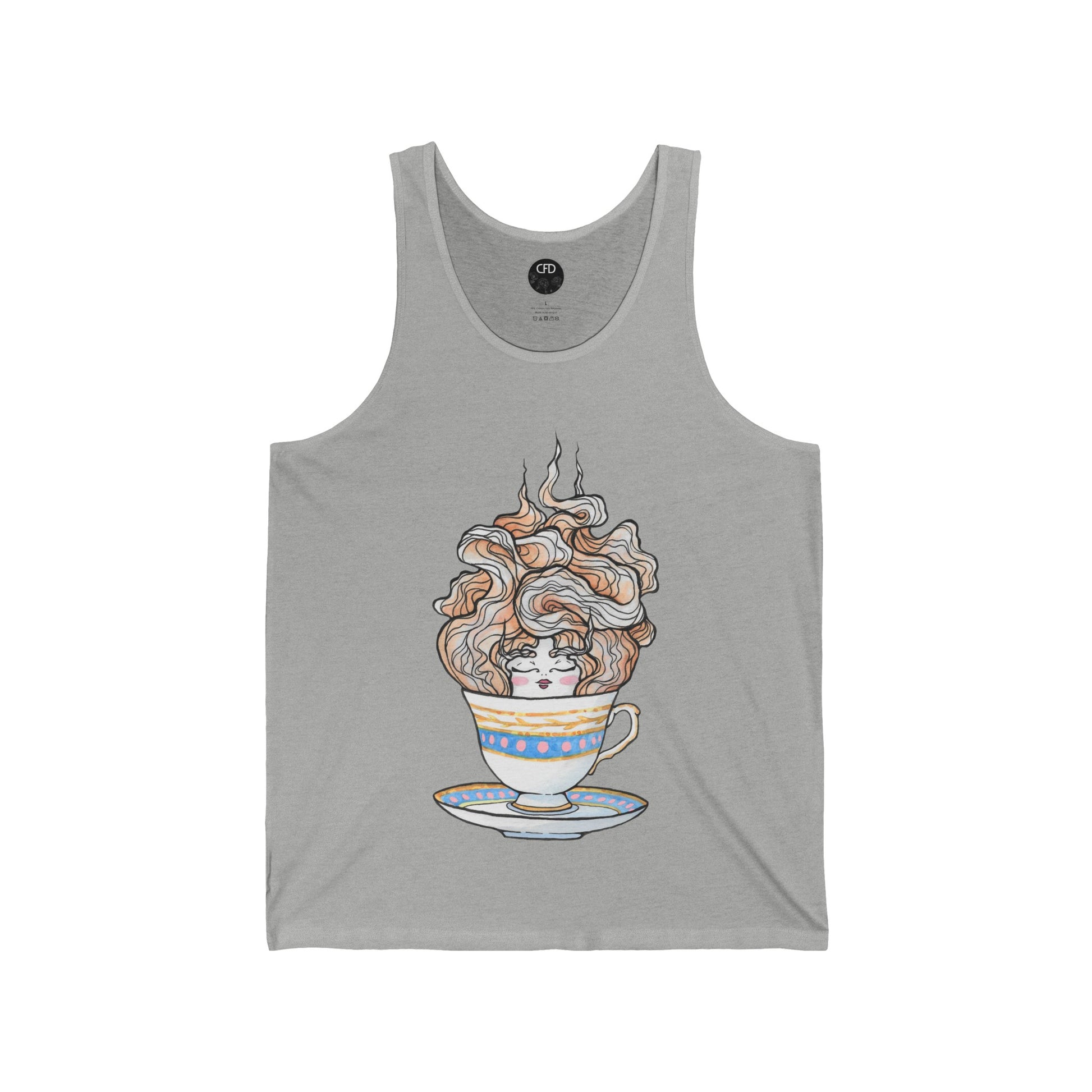 This is the Athletic Heather English Breakfast Tea Tank by Chris Foster Design. It comes in sizes XS-2XL. This is an image of the front with a circular CFD logo in white lettering and black background. The size label is below the logo in white. A teacup that is light blue, yellow and white with light pink, white and red steam that is going upwards. There is a lady's face in the middle and beginning of the teacup with her eyes closed, red lips, blushing pink cheeks. and eyebrows that go upward. 