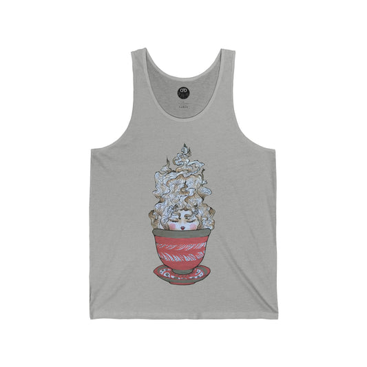 This is the Athletic Heather Green Tea Tank by Chris Foster Design.It comes in sizes XS-2XL and shows the front of the shirt.The illustration is a red,white and dark green teacup with plate set.The mist from the teacup is white and red going upwards.There is a lady face in the middle of the teacup with red blushing cheeks,red open lips and eyebrows that float outwards. On the inside of the shirt is the CFD black circular logo with flowers and print in white. The size label beneath logo is printed in black.