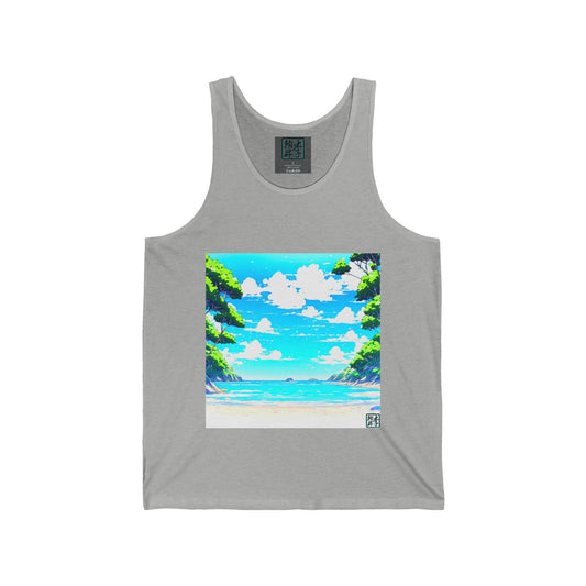 This is the Athletic Heather Tranquil Cove Tank by Lee Hansheng Studios. This is the image tank from the front. The illustration is squared and shows an image from the beach looking outwards. There is bright blue skies, white fluffly clouds reflected in the sea with trees lining both sides. The inside of the tank has the studio's logo in black, outlined in blue on a gray label. The sizes underneath the logo in white. 
