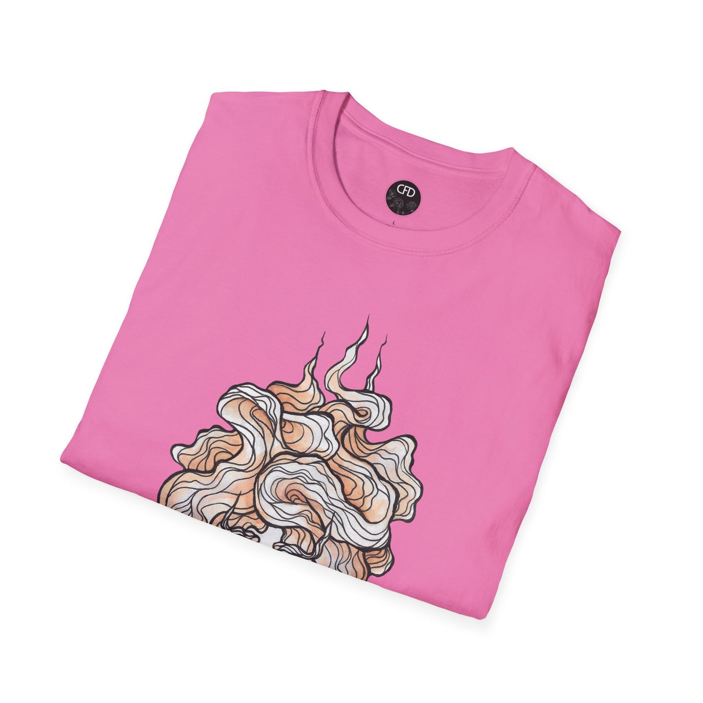 This is the Azalea English Breakfast Tea T-Shirt by Chris Foster Design. It comes in sizes XS-5XL. This is an image of the shirt folded with a circular CFD logo in white lettering and black background. The size label is below the logo in black. The top of the English Breakfast Tea illustration which shows the mist swirling around in light pink, red and white. The shirt is against a white background.