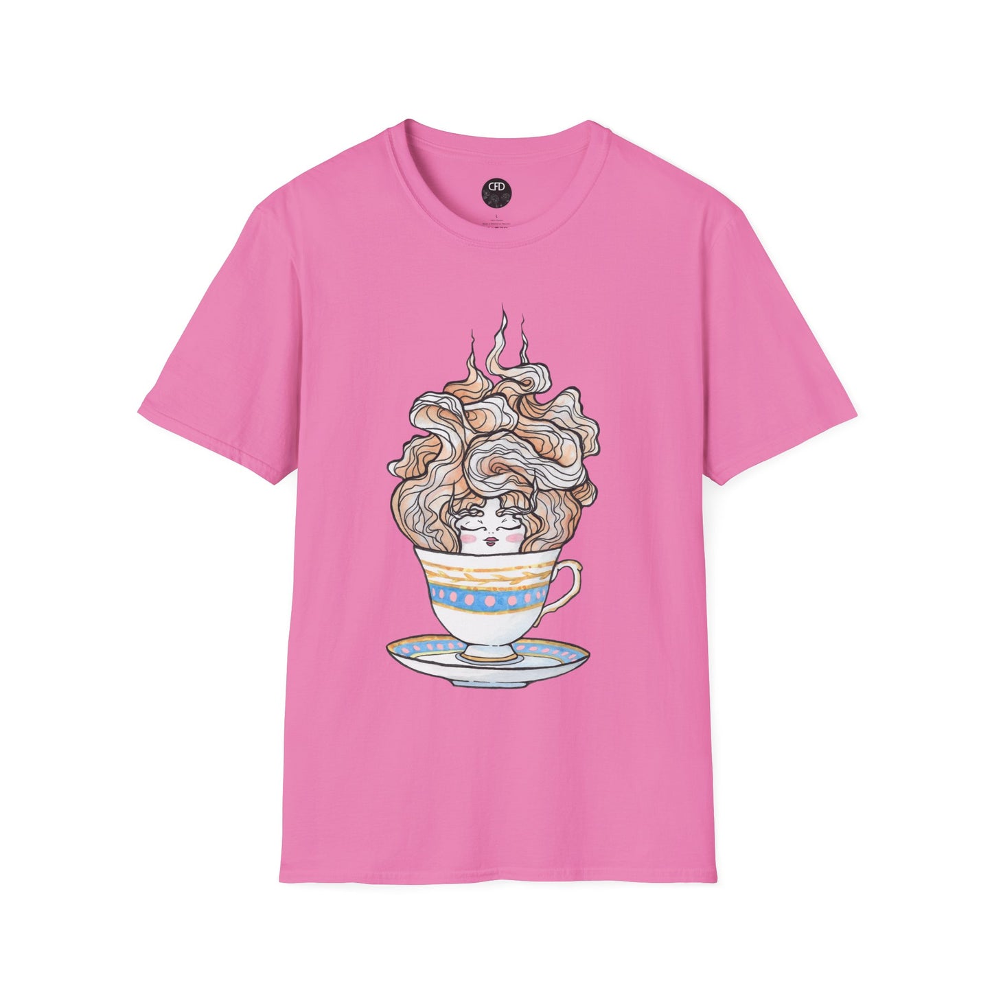 This is the Azalea English Breakfast Tea T-Shirt by Chris Foster Design. It comes in sizes XS-5XL. This is an image of the front with a circular CFD logo in white lettering and black background. The size label is below the logo in black. A teacup that is light blue, yellow and white with light pink, white and red steam that is going upwards. There is a lady's face in the middle and beginning of the teacup with her eyes closed, red lips, blushing pink cheeks. and eyebrows that go upward. 