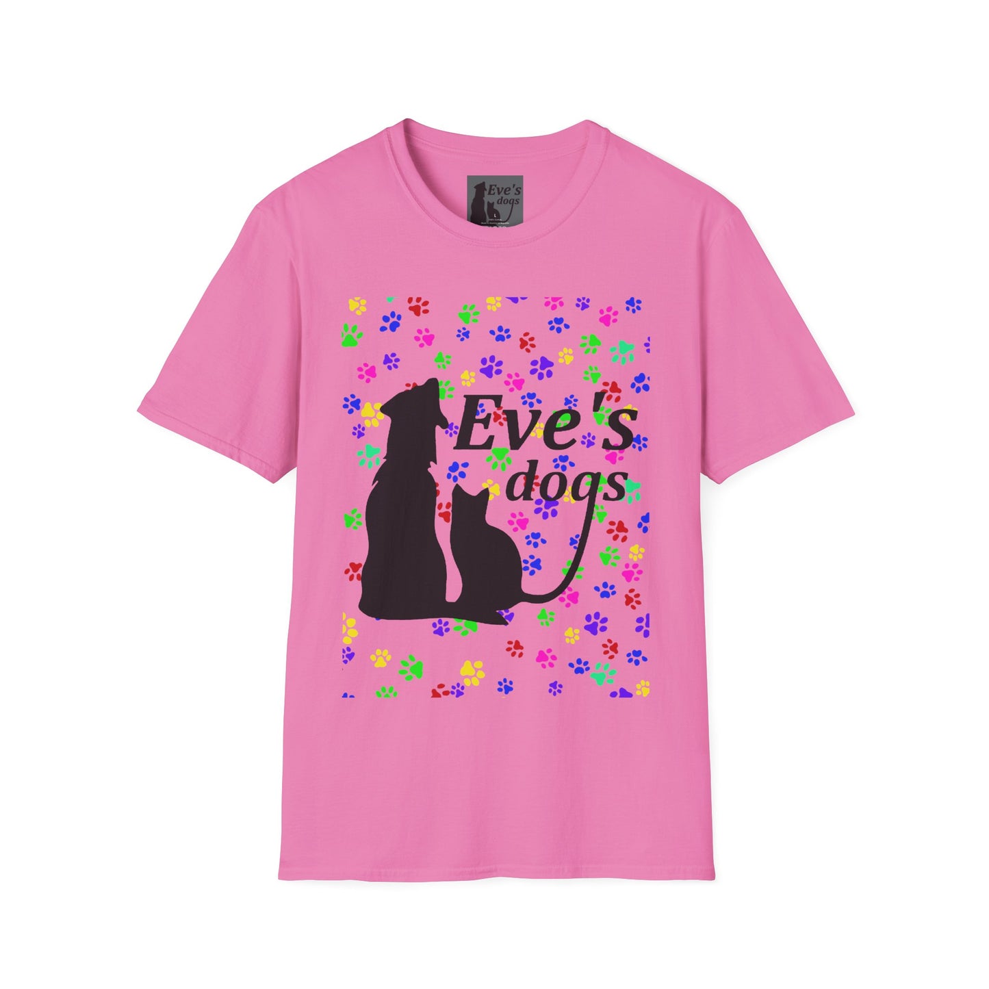 This is the Azalea Adopt Eve's Dogs T-Shirt. It comes in XS - 5XL. This is an image of the front of the shirt. The size label is a grey and black tag with a dog and cat with the "Eve's dogs" writing. The front has pink, green, blue, purple, red paw prints in different sizes. Also, the dog and cat with "Eve's dogs" printed in black. The illustration has a clear background so you see the paw prints, animals and the text print on color of shift. The shirt is against a white background.