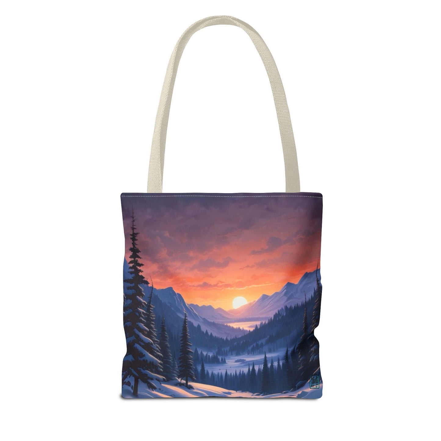 The Beige 13" x 13" Snow Valley Tote Bag has color matched handles and all around print. The tote is against a white background.The design by Lee Hansheng Studios showcases a snowy hill/mountain area with large pine trees on both sides continuing into the horizon. The sun rises past the horizon consisting of yellow,orange,red hues illuminating onto wispy clouds,snowy field, mountains and dark green pine trees. 