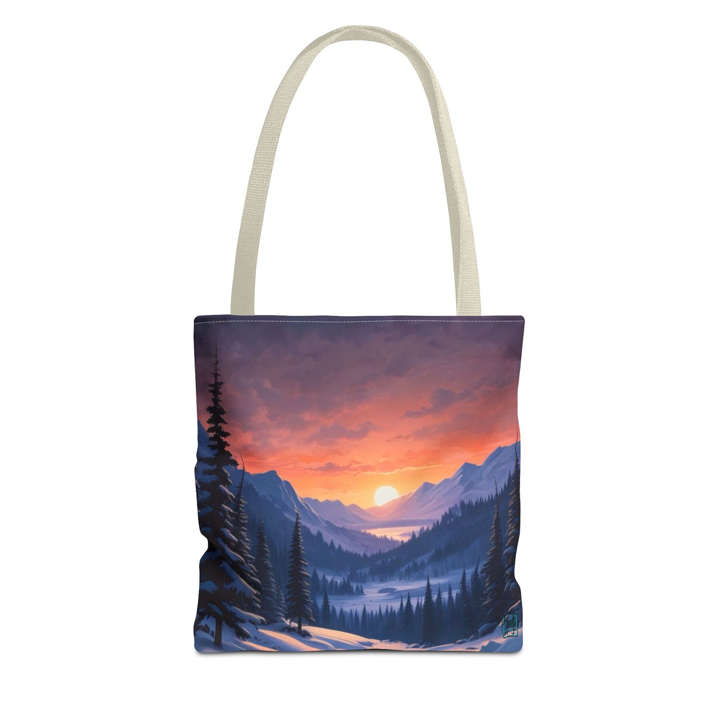 The Beige 13" x 13" Snow Valley Tote Bag has color matched handles and all around print. The tote is against a white background.The design by Lee Hansheng Studios showcases a snowy hill/mountain area with large pine trees on both sides continuing into the horizon. The sun rises past the horizon consisting of yellow,orange,red hues illuminating onto wispy clouds,snowy field, mountains and dark green pine trees. 