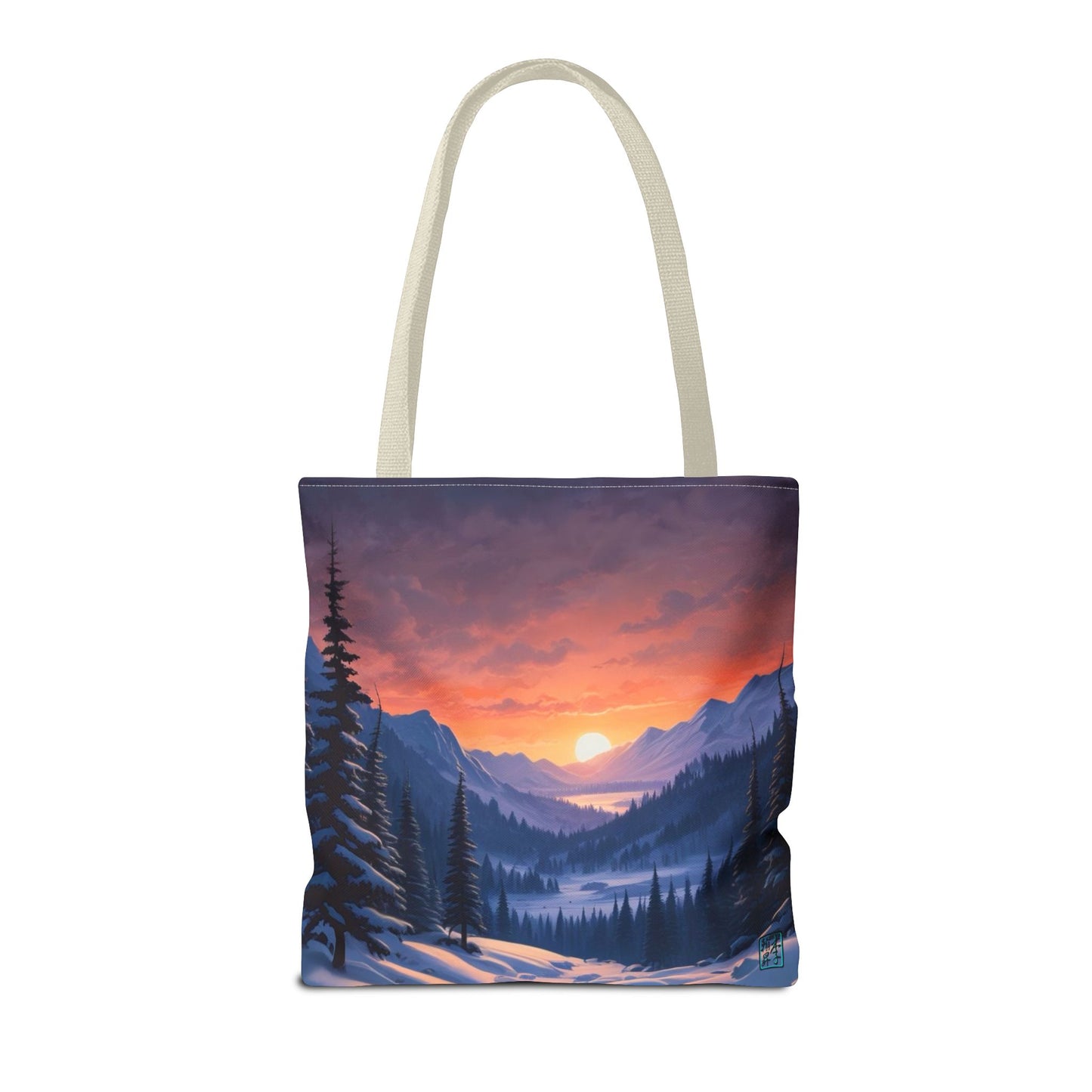 The Beige 16" x 16" Snow Valley Tote Bag has color matched handles and all around print. The tote is against a white background.The design by Lee Hansheng Studios showcases a snowy hill/mountain area with large pine trees on both sides continuing into the horizon. The sun rises past the horizon consisting of yellow,orange,red hues illuminating onto wispy clouds,snowy field, mountains and dark green pine trees. 