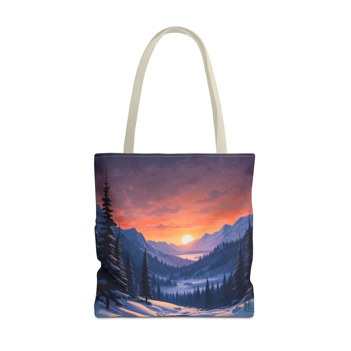 The Beige 18" x 18" Snow Valley Tote Bag has color matched handles and all around print. The tote is against a white background.The design by Lee Hansheng Studios showcases a snowy hill/mountain area with large pine trees on both sides continuing into the horizon. The sun rises past the horizon consisting of yellow,orange,red hues illuminating onto wispy clouds,snowy field, mountains and dark green pine trees. 