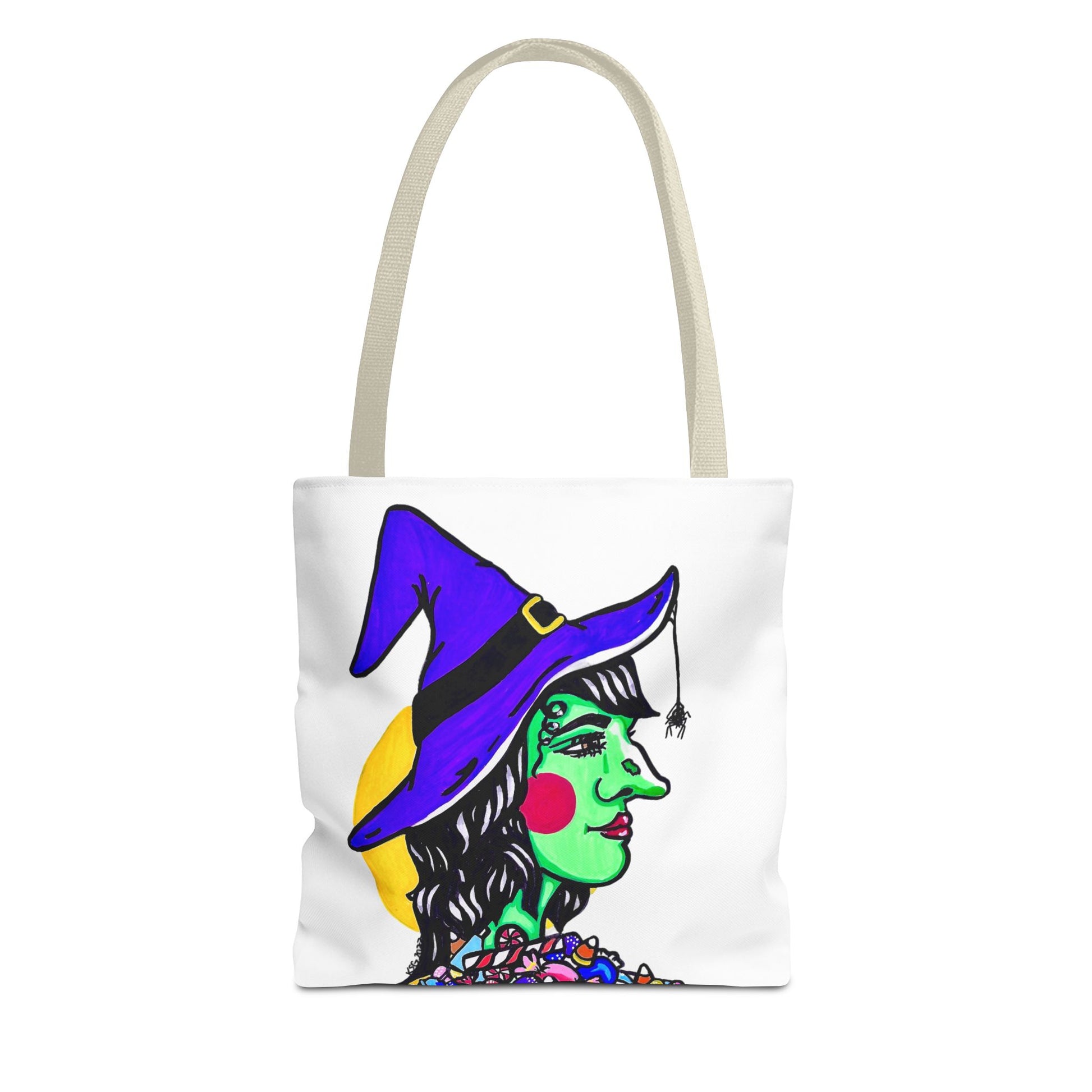 This is the Beige 13" x 13" Witch Tote Bag by Storm Garden Studio. The handles are color matched. The tote is all over white except for the illustration. It shows the side profile image of a witch. She is facing the right side. She has a purple witch hat with a black belt, yellow buckle, a spider crawling down the front, red rosy cheeks, red lips and assorted candy under the neck. Behind her is a bright yellow circle past her hair. The tote is against a white background.