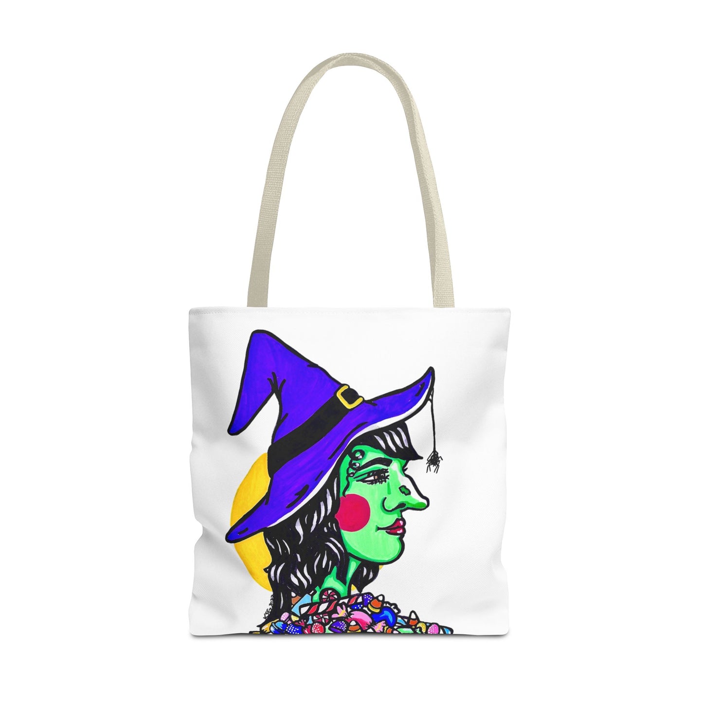 This is the Beige 18" x 18" Witch Tote Bag by Storm Garden Studio. The handles are color matched. The tote is all over white except for the illustration. It shows the side profile image of a witch. She is facing the right side. She has a purple witch hat with a black belt, yellow buckle, a spider crawling down the front, red rosy cheeks, red lips and assorted candy under the neck. Behind her is a bright yellow circle past her hair. The tote is against a white background.