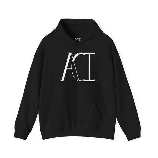 This is a black ACI hoodie that showcases the ACI logo printed in white near the top middle of the hoodie.  It is a full picture of the front with the color-matched drawcord. The size label is printed on rather than a tag with the ACI logo also in white. There is stitching by the wrists and waist areas. Also, a large pocket to place your arms in.