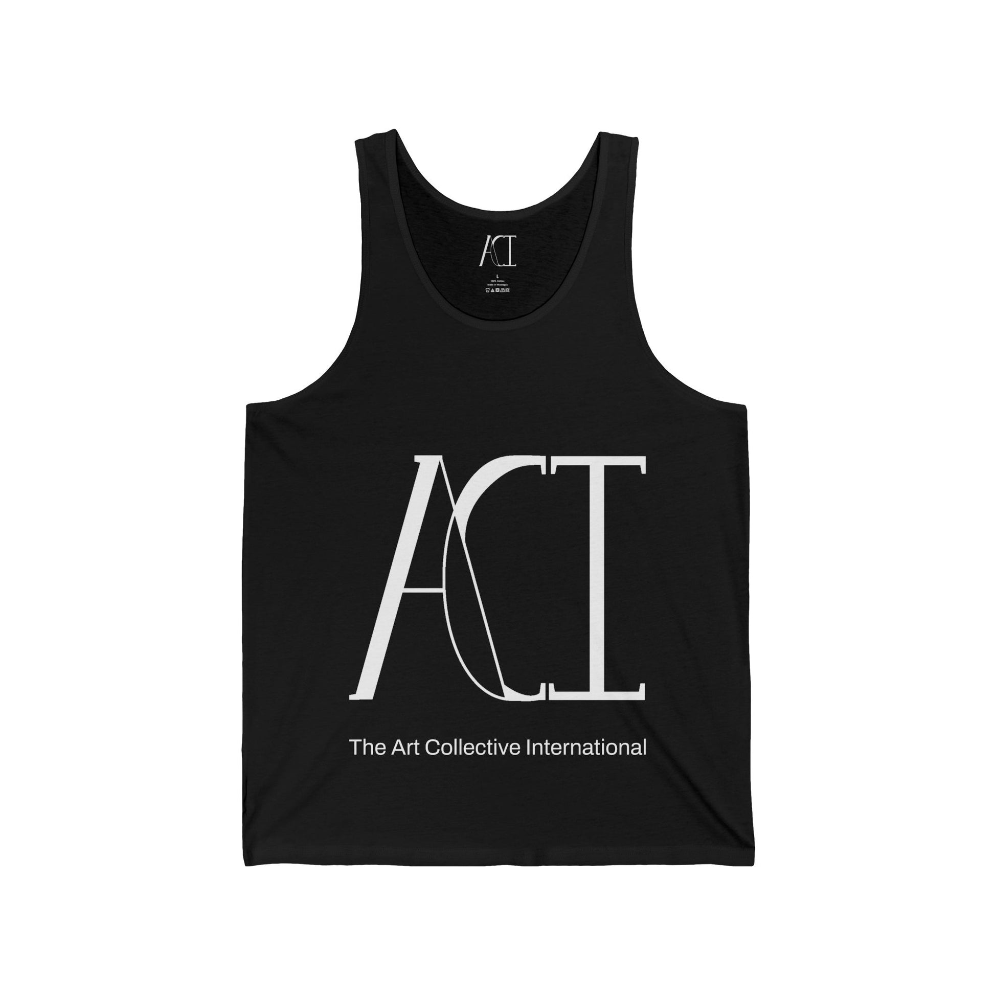 This is the front side of the black ACI Tank. It has the ACI logo printed in the middle of the shirt with "The Art Collective International" listed below the logo all in white. There is a size label in white on the inside of the shirt. The tab also has the ACI logo on it.