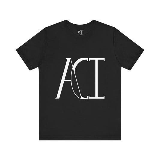 This is a black crewneck ACI t-shirt. The front showcases a large ACI logo in the middle of the shirt. The print is white and is printed with the size label in white on the inside of the shirt. The tab also has the ACI logo. This is the flat front picture of the shirt.