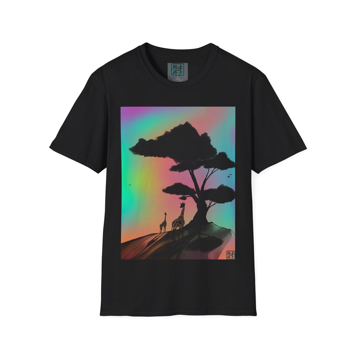 This is the Black A Glance T-Shirt by Lee Hansheng Studios.It is a sillhouette illustration of a tree rooted in the land.It is an orange red color with shadows reflected on it.One giraffe is in the foreground whereas the other is near the background spotted in black.The background is a mirage of pink,blue,yellow and red.The studio logo on the right corner in black and outlined in blue. The inside of the shirt has the studio logo on a gray label. The rest of the print is white for the sizes. 