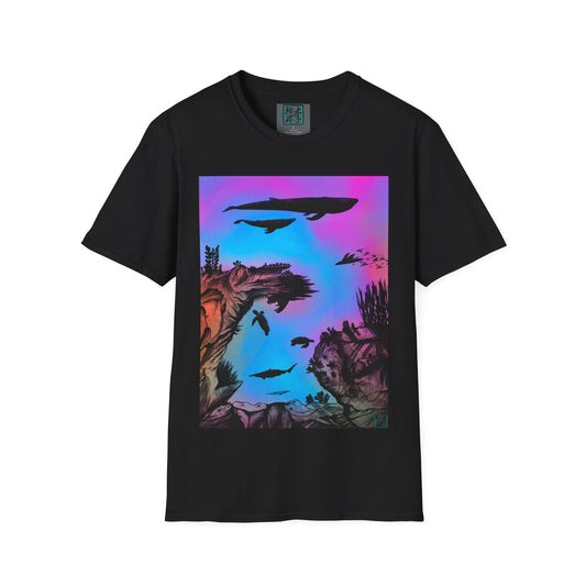 This is the Black Into the Abyss V-Neck Tee by Lee Hansheng Studios. This shows the front of the shirt. The illustration is underwater seascape with aquatic plants on a marbled background. There are two blue whales, 1 goblin shark, school of eagle rays, two sea turtles and a school of fish. On the bottom right corner is the studio's logo printed in black outlined in blue. The inside of the shirt has a gray label with the studio logo and the size label underneath printed in white.