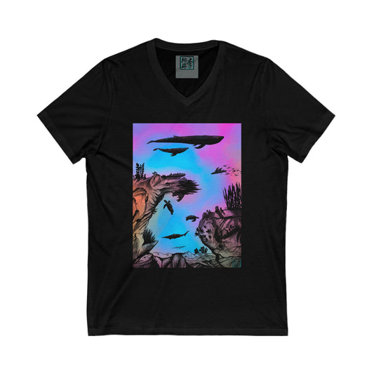 This is the Black Into the Abyss V-Neck Tee by Lee Hansheng Studios. This shows the front of the shirt. The illustration is underwater seascape with aquatic plants on a marbled background. There are two blue whales, 1 goblin shark, school of eagle rays, two sea turtles and a school of fish. On the bottom right corner is the studio's logo printed in black outlined in blue. The inside of the shirt has a gray label with the studio logo and the size label underneath printed in white.