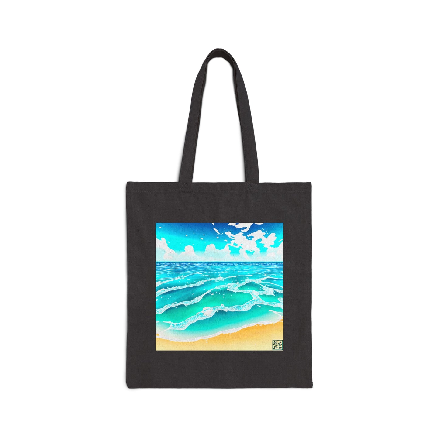 This is the Black 15" x 16" Beach Life Canvas Tote by Lee Hansheng Studios. The illustration is squared,the foreground has sand and the studio logo on the right corner outlined in blue. The waves are crashing into the sand with fluffly clouds in the back. There are mixes of blue, light blue, white, orange and tan colors. The tote is against a white background.